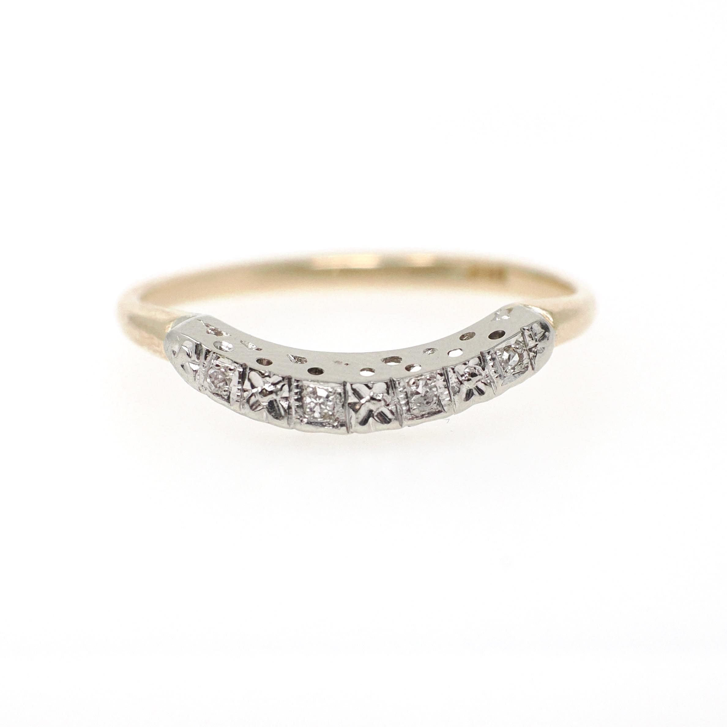 Vintage Diamond Band - Mid Century 14k Yellow & White Gold .02 CTW Curved Ring - 1950s Era Size 7 1/2 Wedding Fine Contour Bridal Jewelry