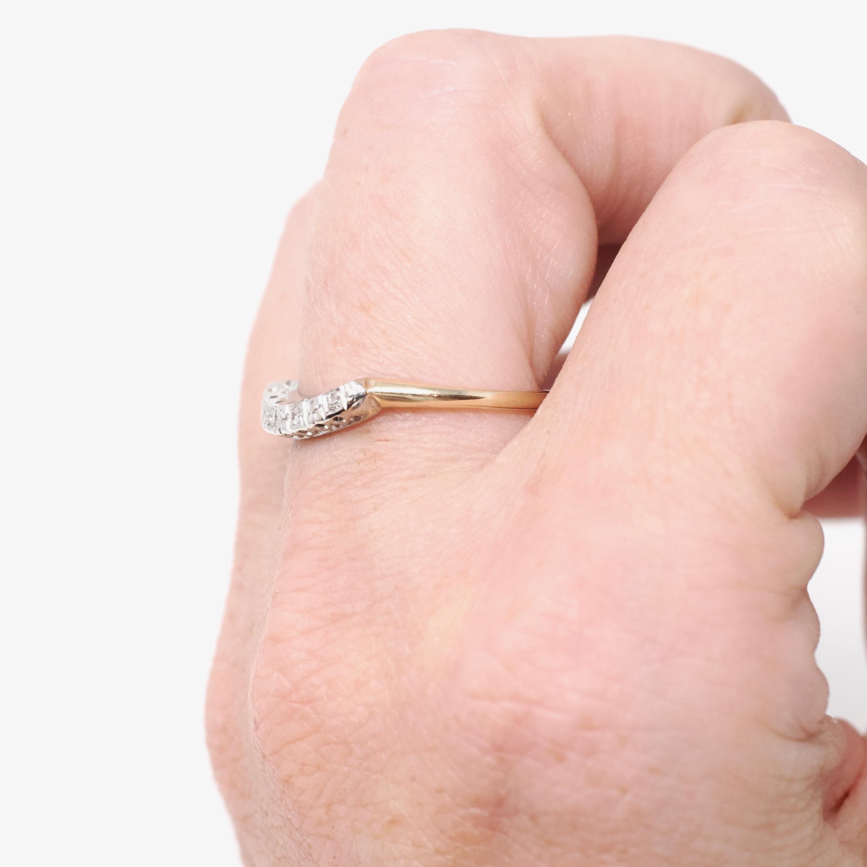 Vintage Diamond Band - Mid Century 14k Yellow & White Gold .02 CTW Curved Ring - 1950s Era Size 7 1/2 Wedding Fine Contour Bridal Jewelry