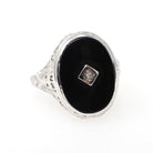 Onyx Filigree Ring - Art Deco Era 14k White Gold Natural Diamond & Black Chalcedony Statement - Vintage Circa 1930s Size 7 1/4 Fine Jewelry