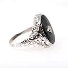 Onyx Filigree Ring - Art Deco Era 14k White Gold Natural Diamond & Black Chalcedony Statement - Vintage Circa 1930s Size 7 1/4 Fine Jewelry