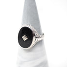 Onyx Filigree Ring - Art Deco Era 14k White Gold Natural Diamond & Black Chalcedony Statement - Vintage Circa 1930s Size 7 1/4 Fine Jewelry