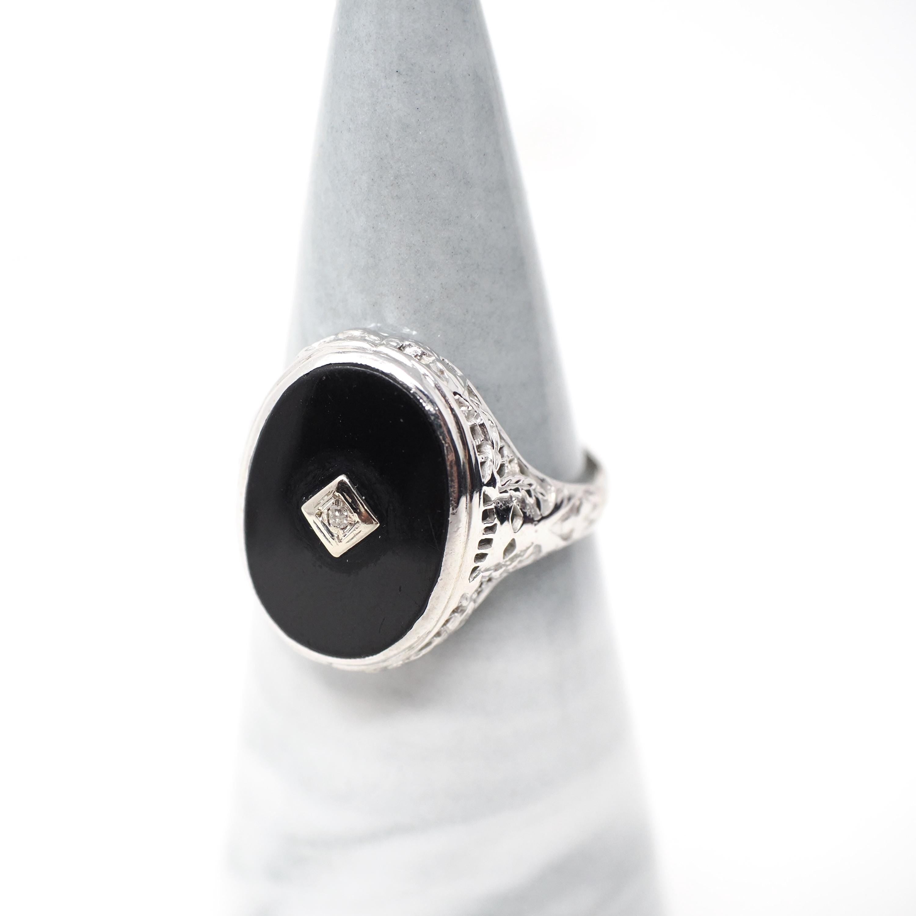 Onyx Filigree Ring - Art Deco Era 14k White Gold Natural Diamond & Black Chalcedony Statement - Vintage Circa 1930s Size 7 1/4 Fine Jewelry