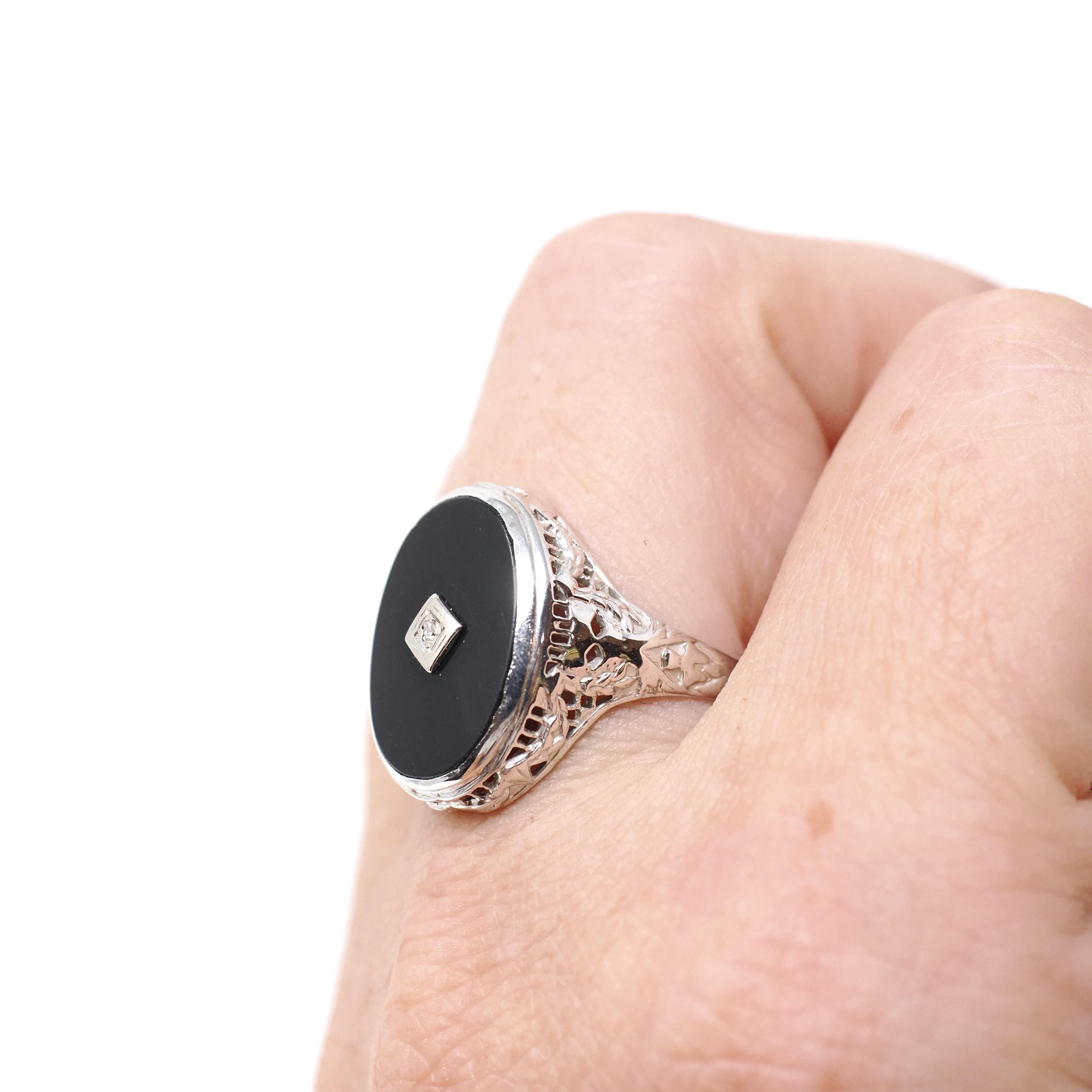 Onyx Filigree Ring - Art Deco Era 14k White Gold Natural Diamond & Black Chalcedony Statement - Vintage Circa 1930s Size 7 1/4 Fine Jewelry
