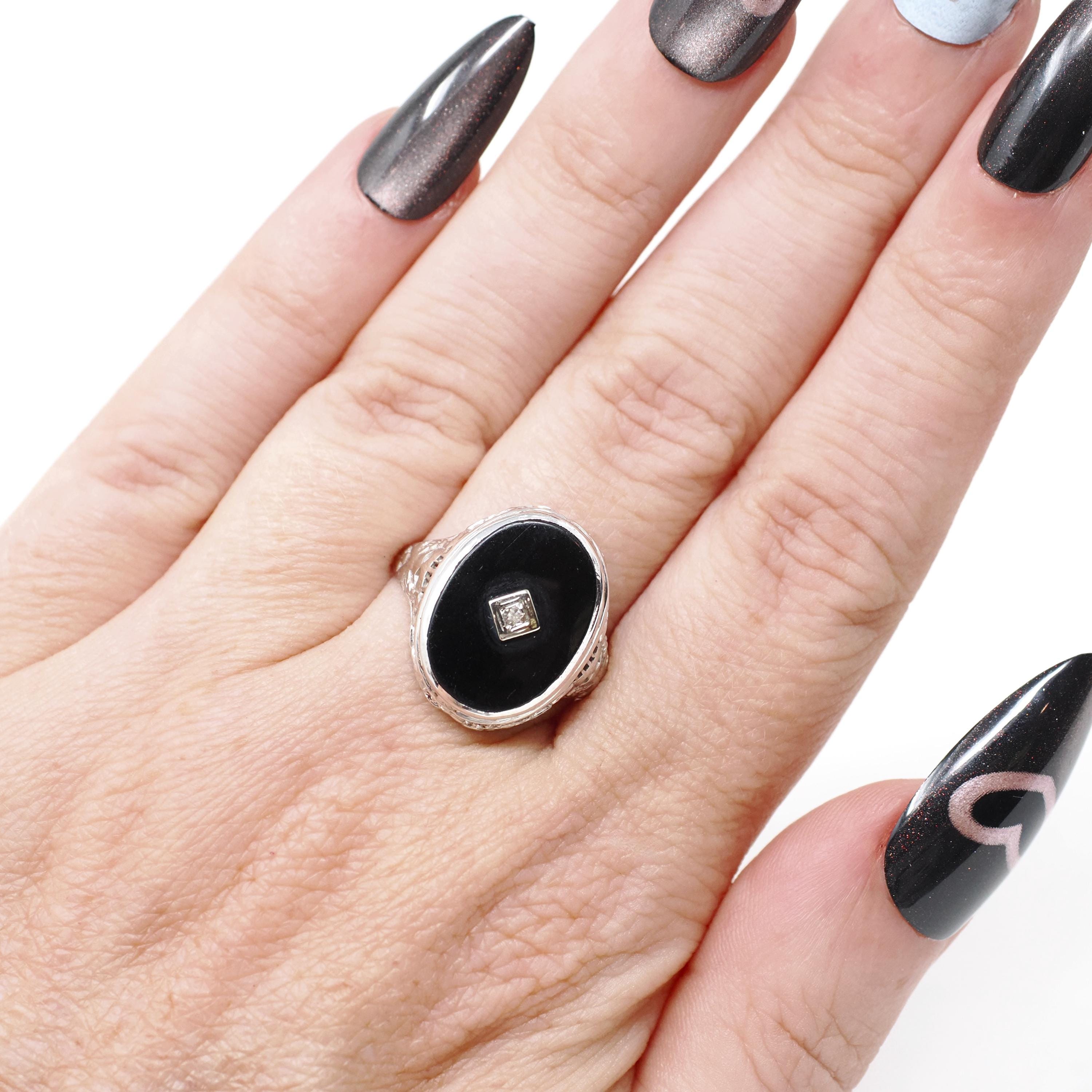 Onyx Filigree Ring - Art Deco Era 14k White Gold Natural Diamond & Black Chalcedony Statement - Vintage Circa 1930s Size 7 1/4 Fine Jewelry