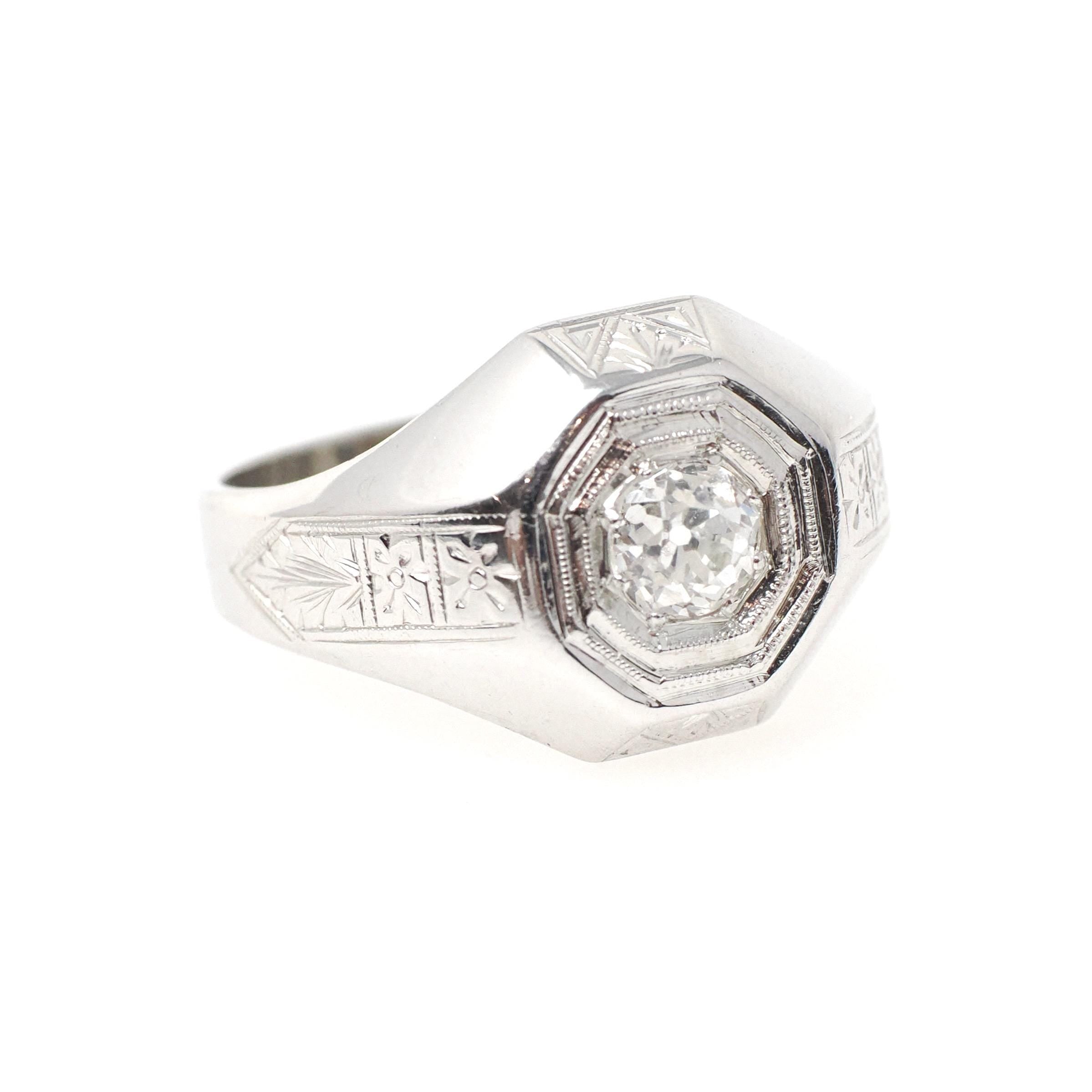 Art Deco Diamond Ring - Vintage 18k White Gold Natural .52 CT Old European Cut Unisex Engagement - Circa 1930s Octagonal Fine Bridal Jewelry