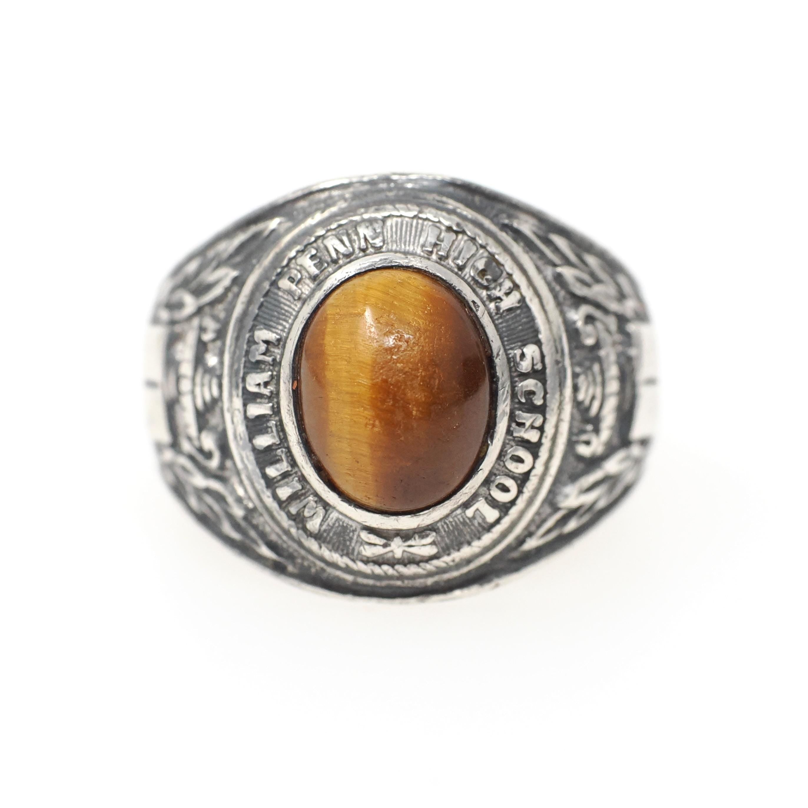 William Penn High School Ring - Art Deco Era Sterling Silver Cabochon Tiger's Eye Gemstone - Vintage Dated 1936 Size 10 1/4 PA Class Jewelry