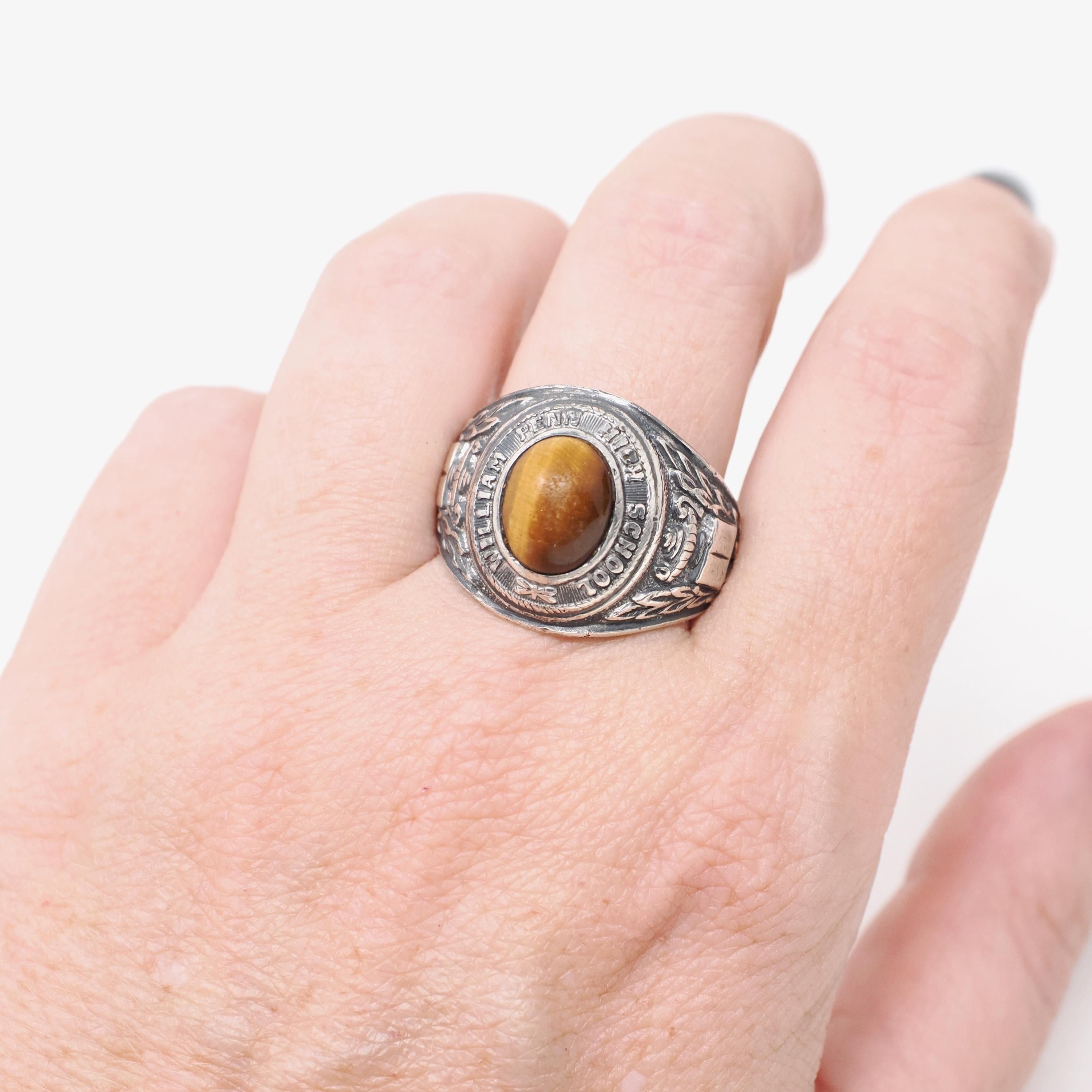 William Penn High School Ring - Art Deco Era Sterling Silver Cabochon Tiger's Eye Gemstone - Vintage Dated 1936 Size 10 1/4 PA Class Jewelry