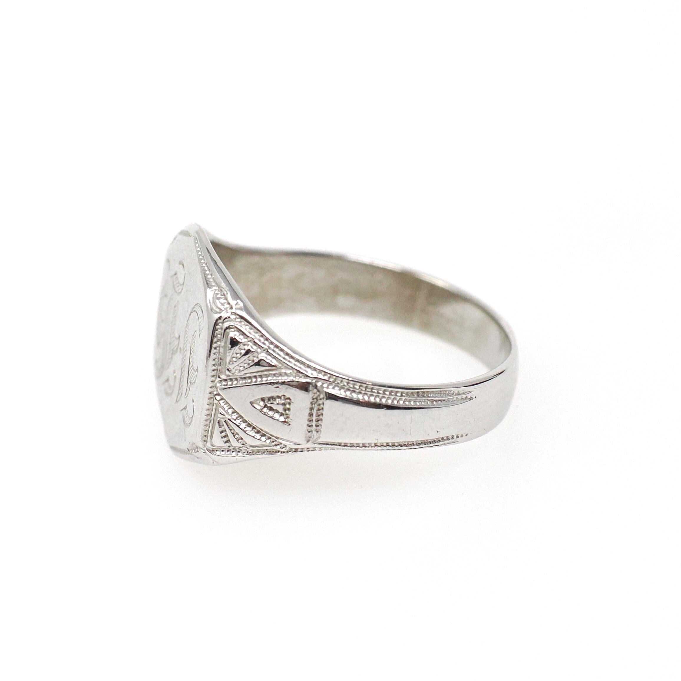 Vintage "JH" Signet Ring - Art Deco 10k White Gold Hexagonal Men's Unisex Statement - Circa 1930s Era Size 7 1/2 Ostby & Barton Fine Jewelry