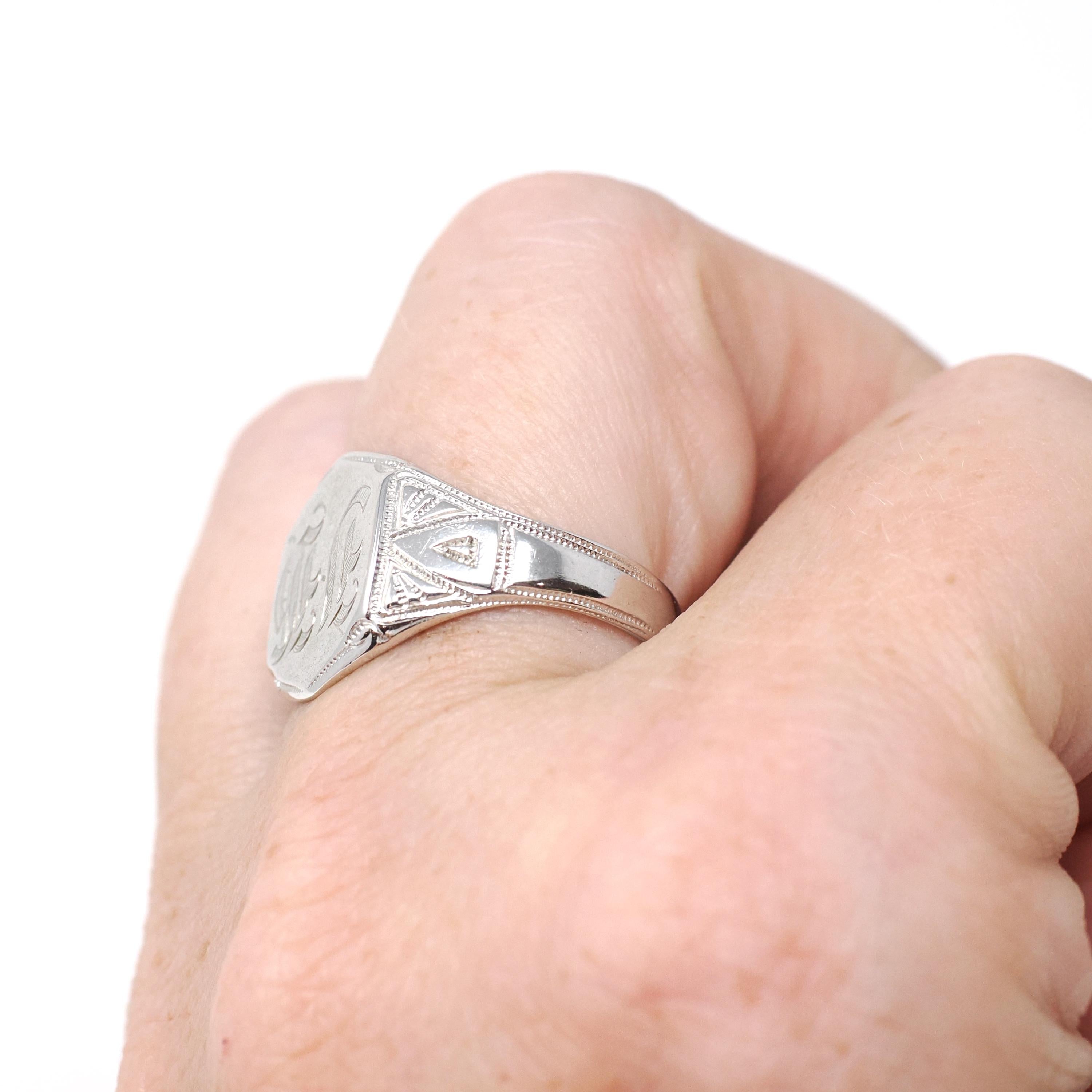 Vintage "JH" Signet Ring - Art Deco 10k White Gold Hexagonal Men's Unisex Statement - Circa 1930s Era Size 7 1/2 Ostby & Barton Fine Jewelry