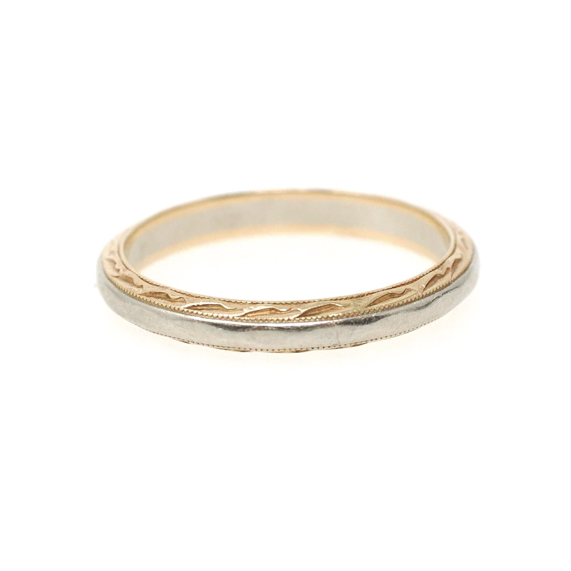 Vintage Wedding Band - Mid Century 14k Yellow & White Gold Two Tone Ring - Circa 1950s Size 7.5 Scallop Design Fine Engraved Bridal Jewelry