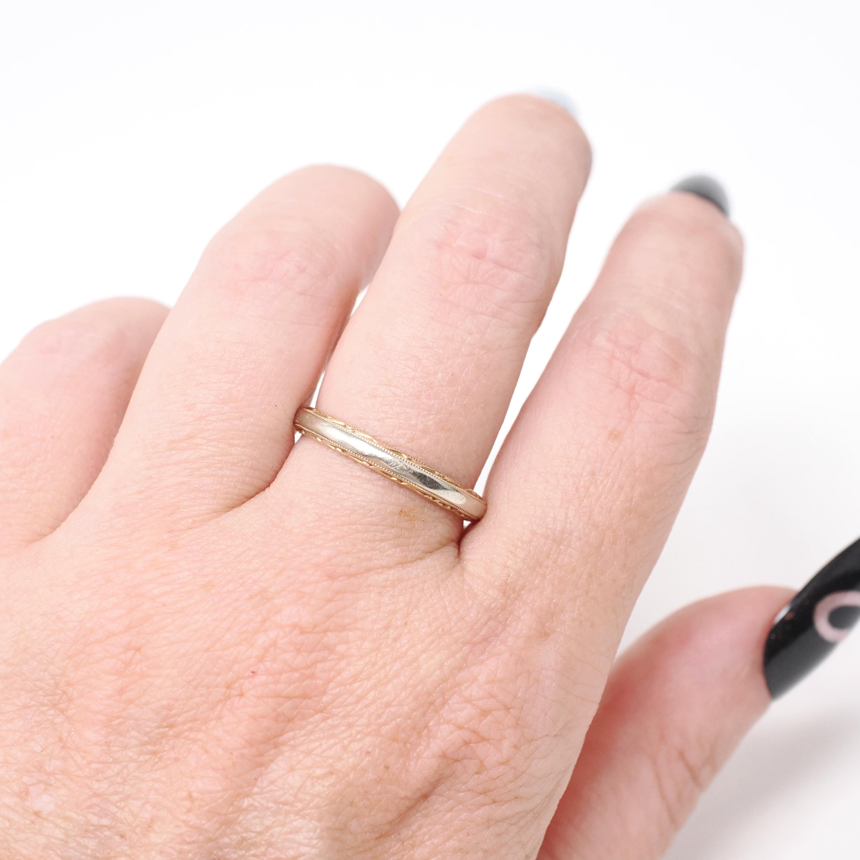 Vintage Wedding Band - Mid Century 14k Yellow & White Gold Two Tone Ring - Circa 1950s Size 7.5 Scallop Design Fine Engraved Bridal Jewelry