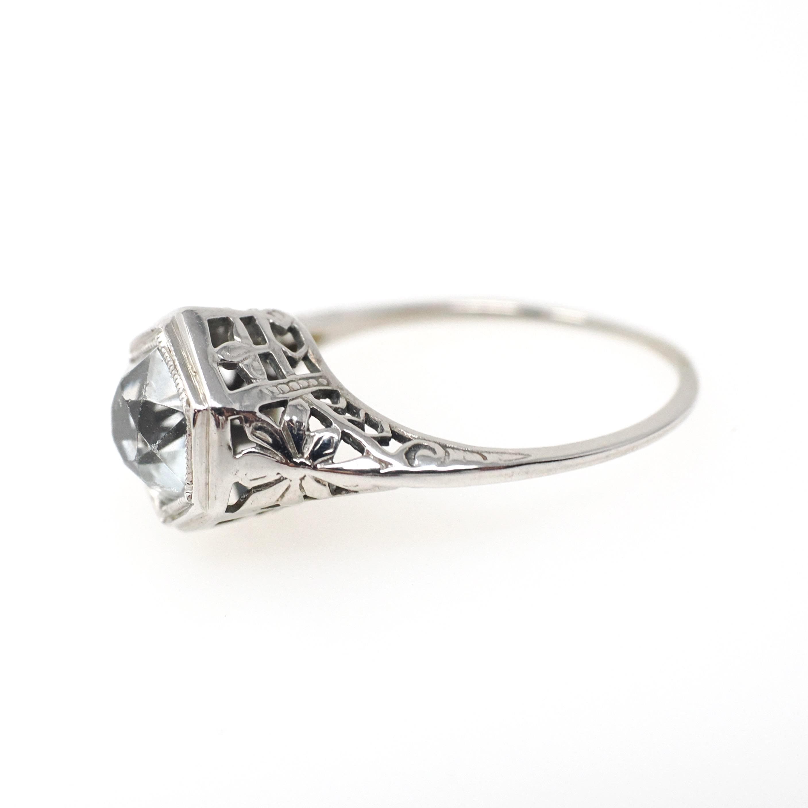 Vintage Aquamarine Ring - Art Deco Era 18k White Gold Natural Blue Hexagonal Gemstone - Vintage Circa 1930s Size 5 3/4 Filigree Fine Jewelry