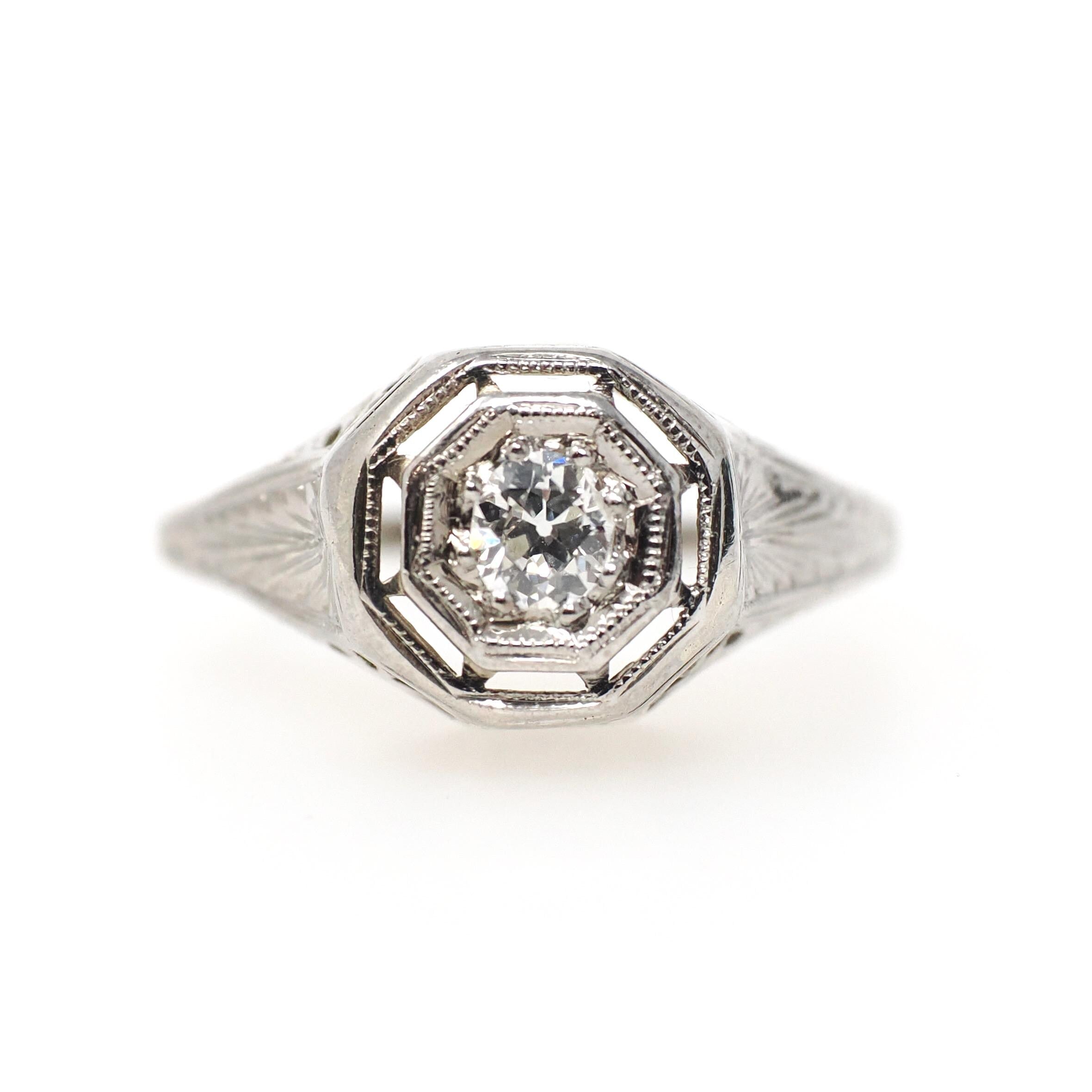 Art Deco Diamond Ring - Vintage 14k White Gold Natural .17 CT Octagon Engagement Solitaire - Circa 1930s Size 6 Floral Filigree Fine Jewelry