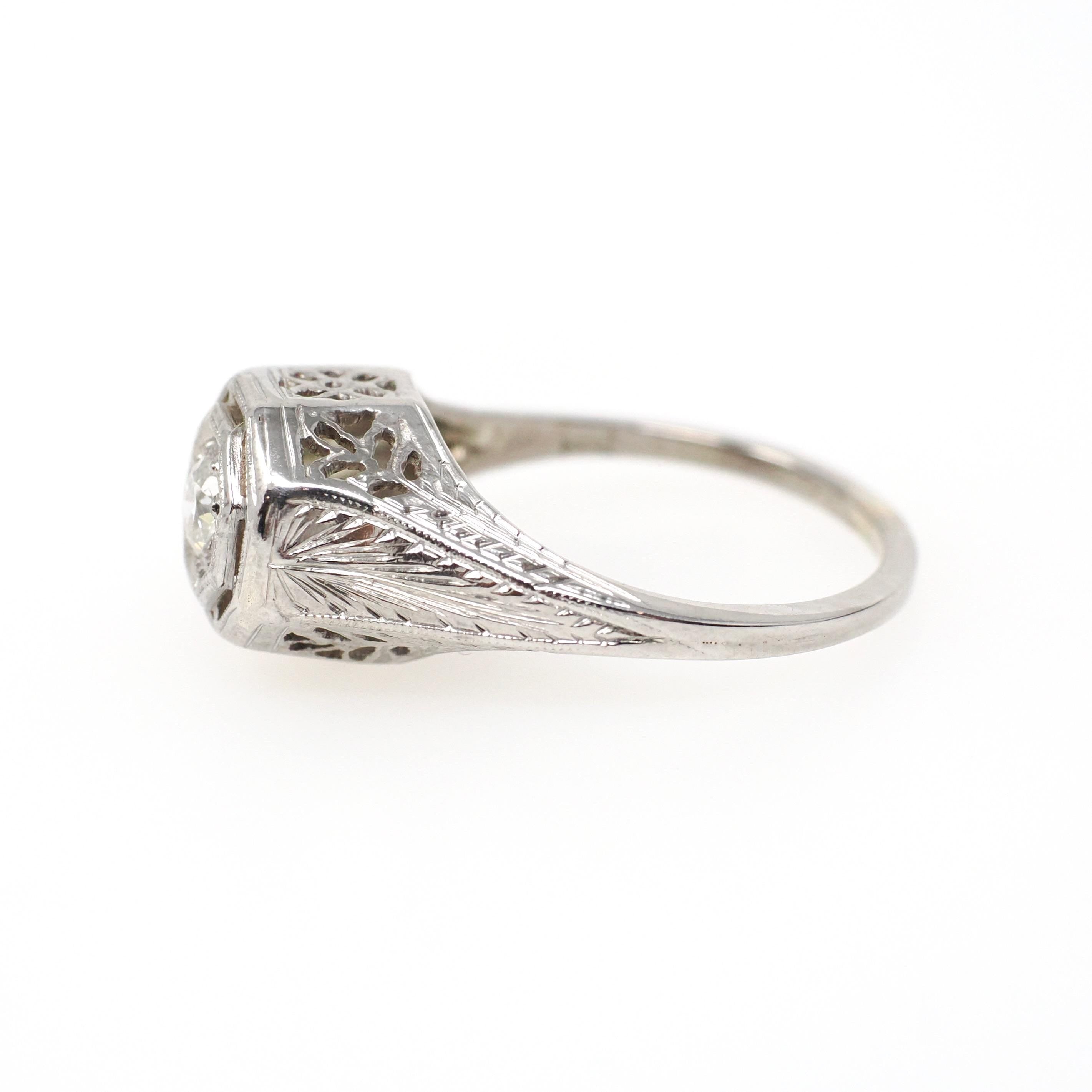 Art Deco Diamond Ring - Vintage 14k White Gold Natural .17 CT Octagon Engagement Solitaire - Circa 1930s Size 6 Floral Filigree Fine Jewelry