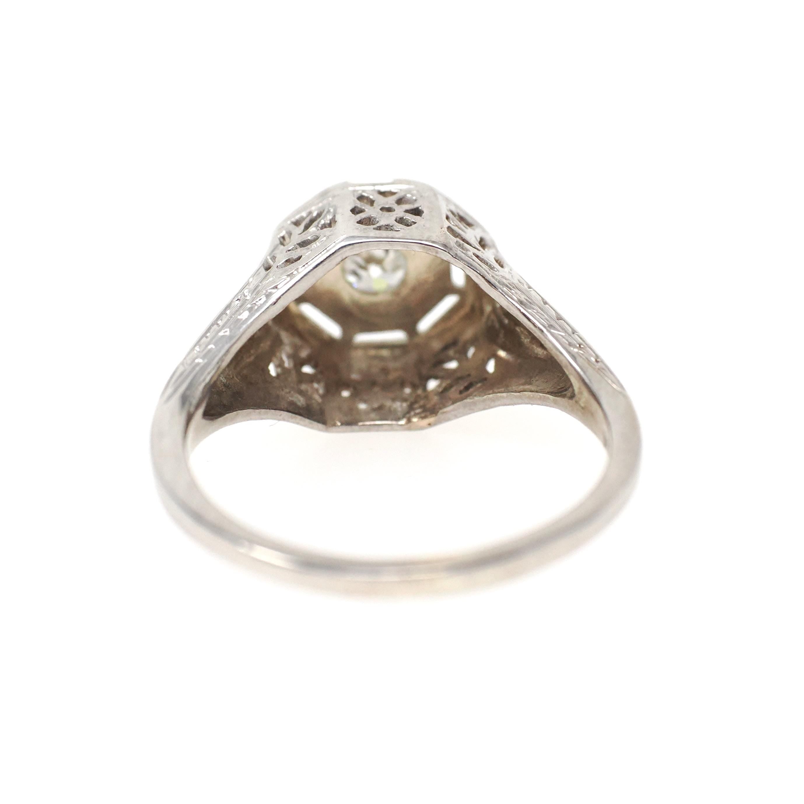 Art Deco Diamond Ring - Vintage 14k White Gold Natural .17 CT Octagon Engagement Solitaire - Circa 1930s Size 6 Floral Filigree Fine Jewelry
