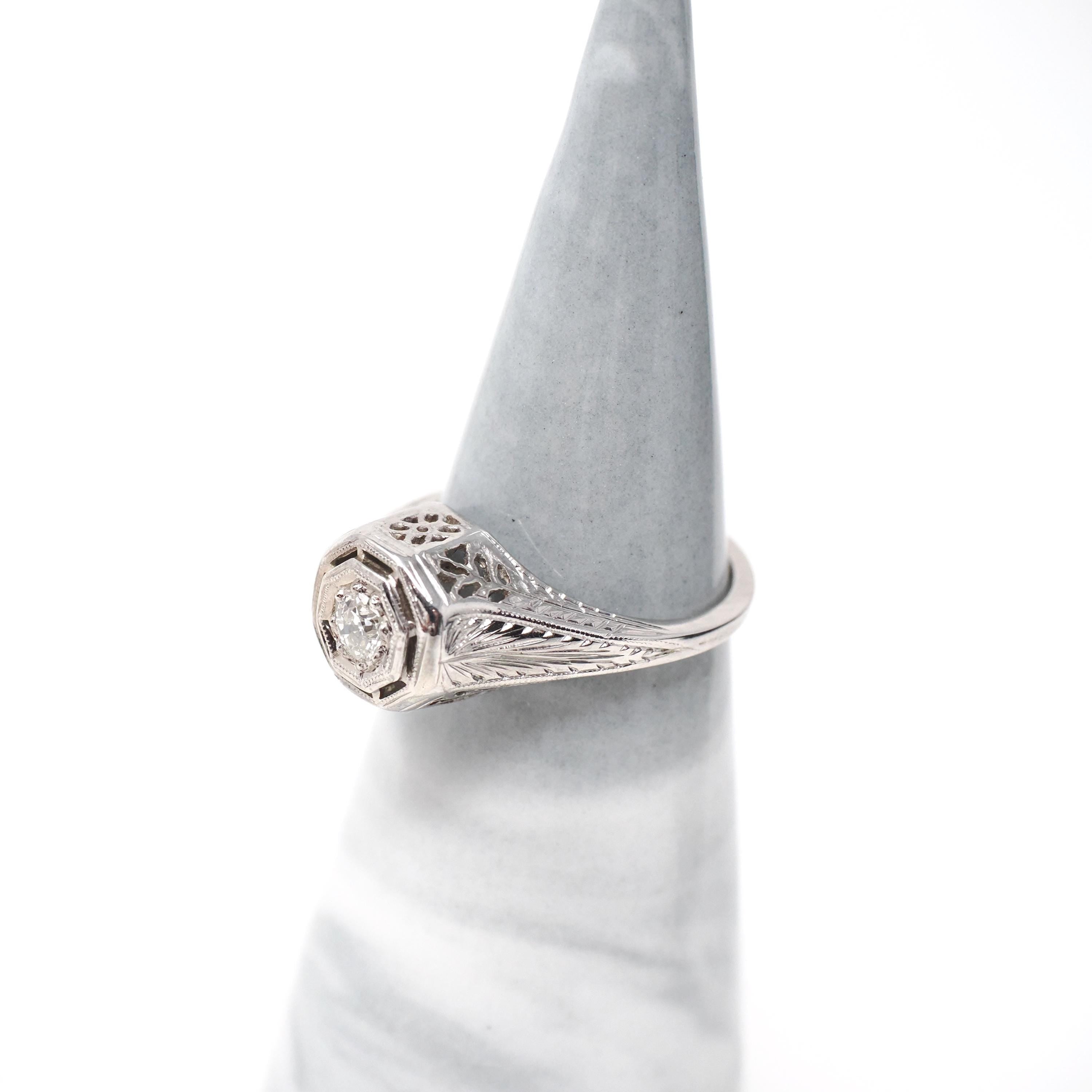 Art Deco Diamond Ring - Vintage 14k White Gold Natural .17 CT Octagon Engagement Solitaire - Circa 1930s Size 6 Floral Filigree Fine Jewelry