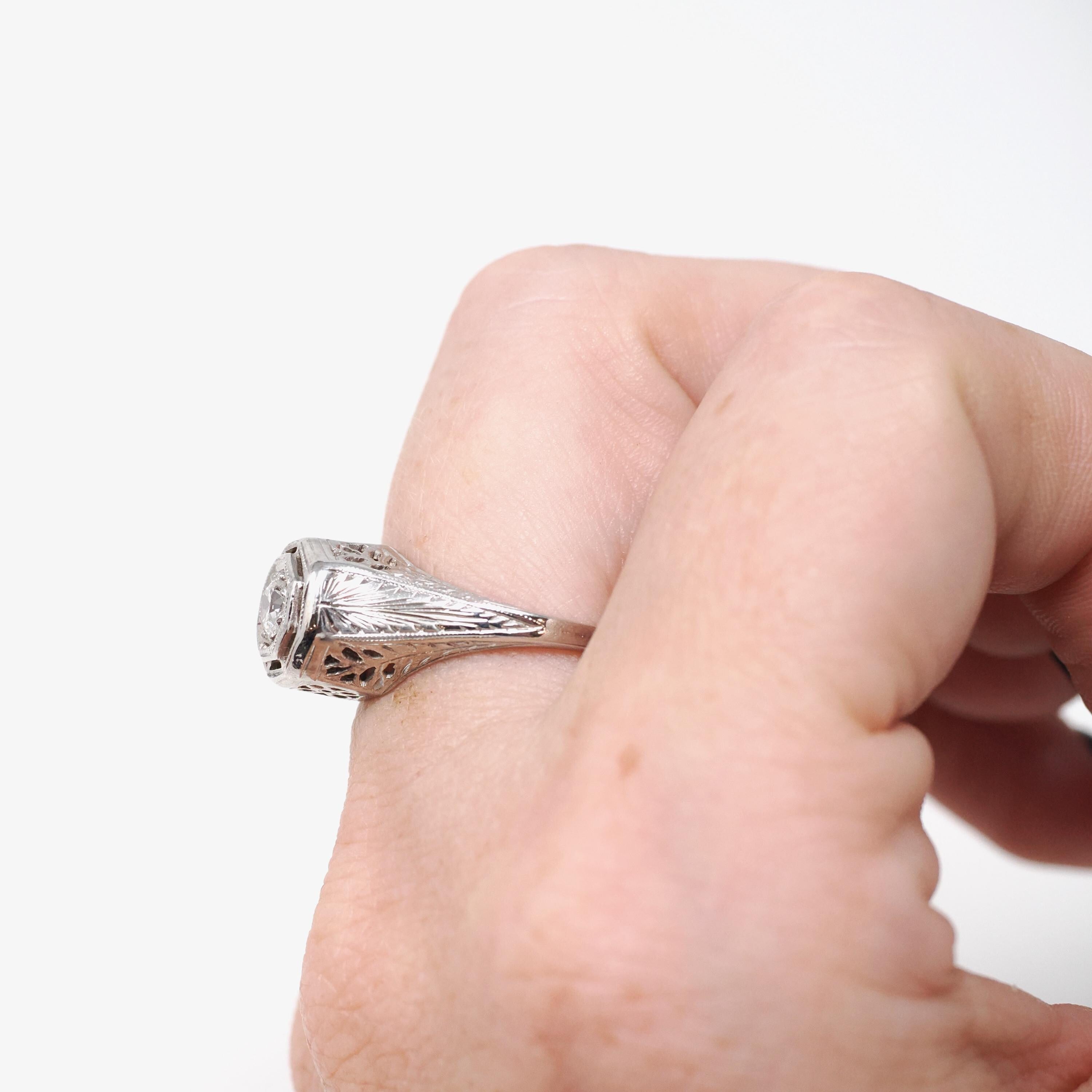 Art Deco Diamond Ring - Vintage 14k White Gold Natural .17 CT Octagon Engagement Solitaire - Circa 1930s Size 6 Floral Filigree Fine Jewelry