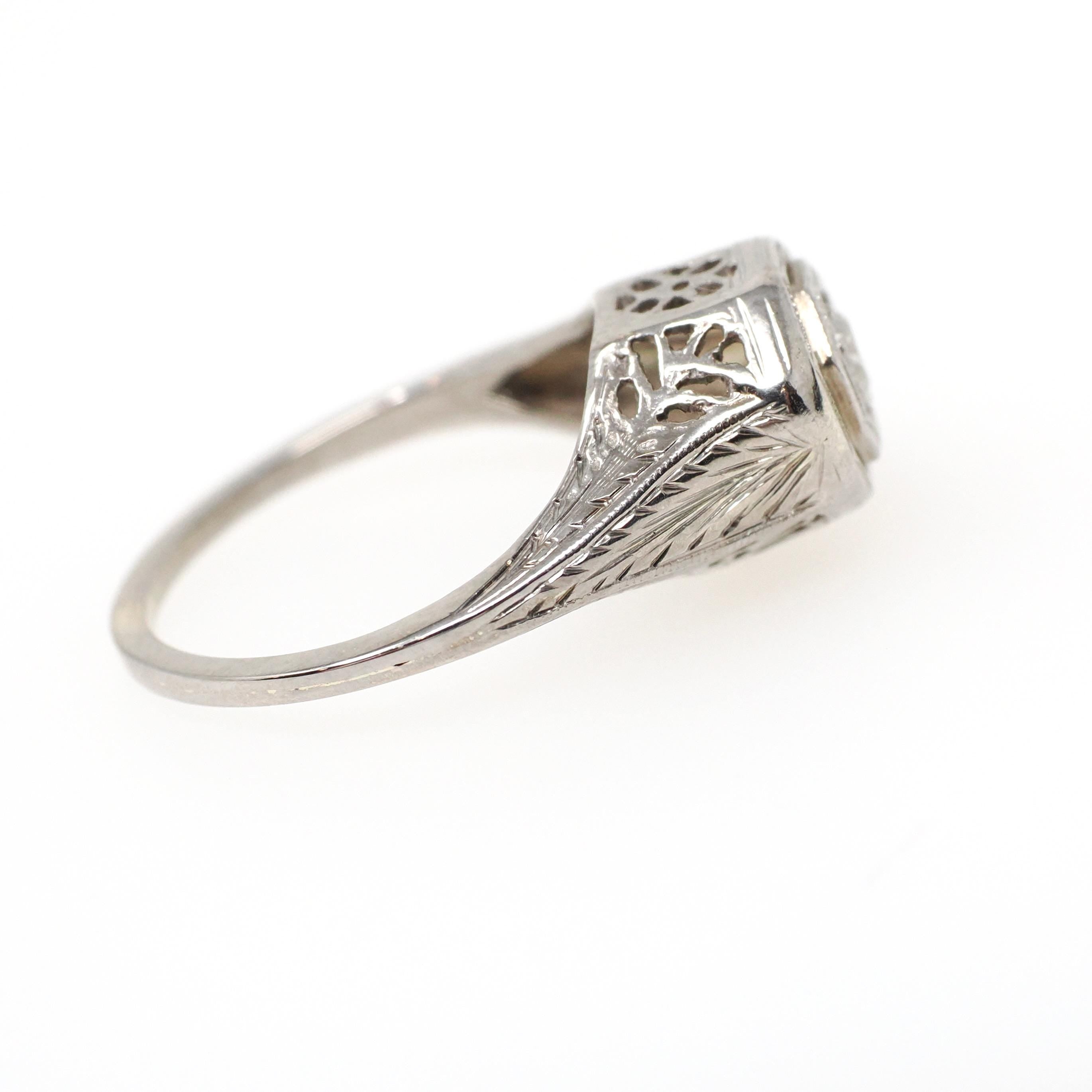 Art Deco Diamond Ring - Vintage 14k White Gold Natural .17 CT Octagon Engagement Solitaire - Circa 1930s Size 6 Floral Filigree Fine Jewelry