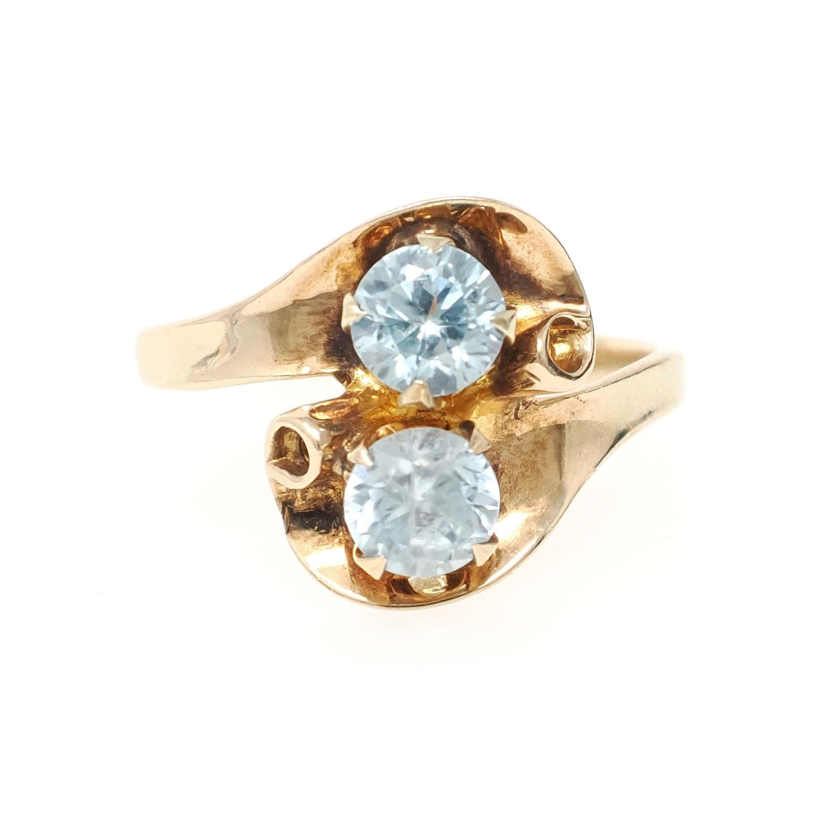 Vintage Zircon Ring - Retro 10k Yellow Gold Round Faceted Natural Blue Gems - Circa 1940s Era Size 7 Toi Et Moi Ostby & Barton Fine Jewelry