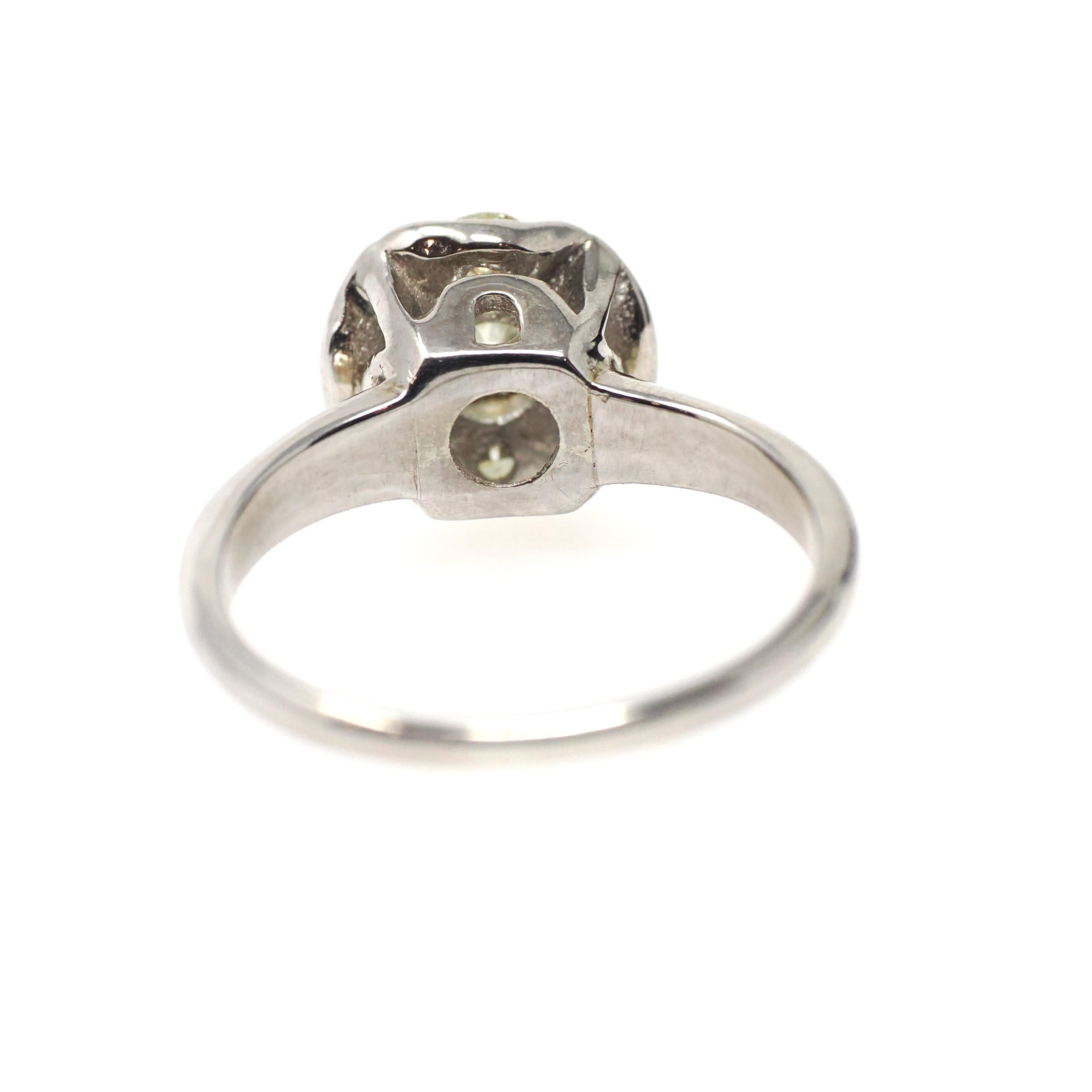 Vintage Diamond Ring - Mid Century 10k White Gold Natural 1.03 CTW Cluster Halo - Circa 1950s Era Size 5 1/2 Engagement Fine Bridal Jewelry