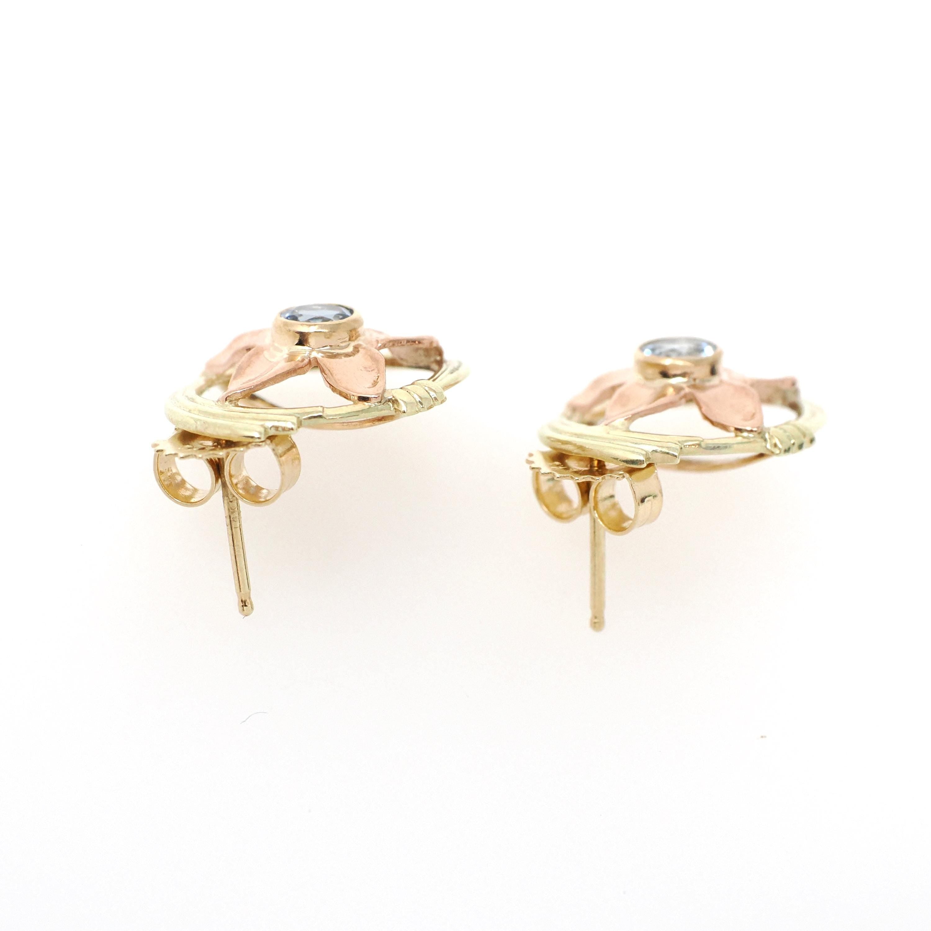 Vintage Aquamarine Earrings - Mid Century 14k Yellow & Rose Gold Flower Studs - Circa 1940s Pierced Push Back Floral Two Tone Fine Jewelry