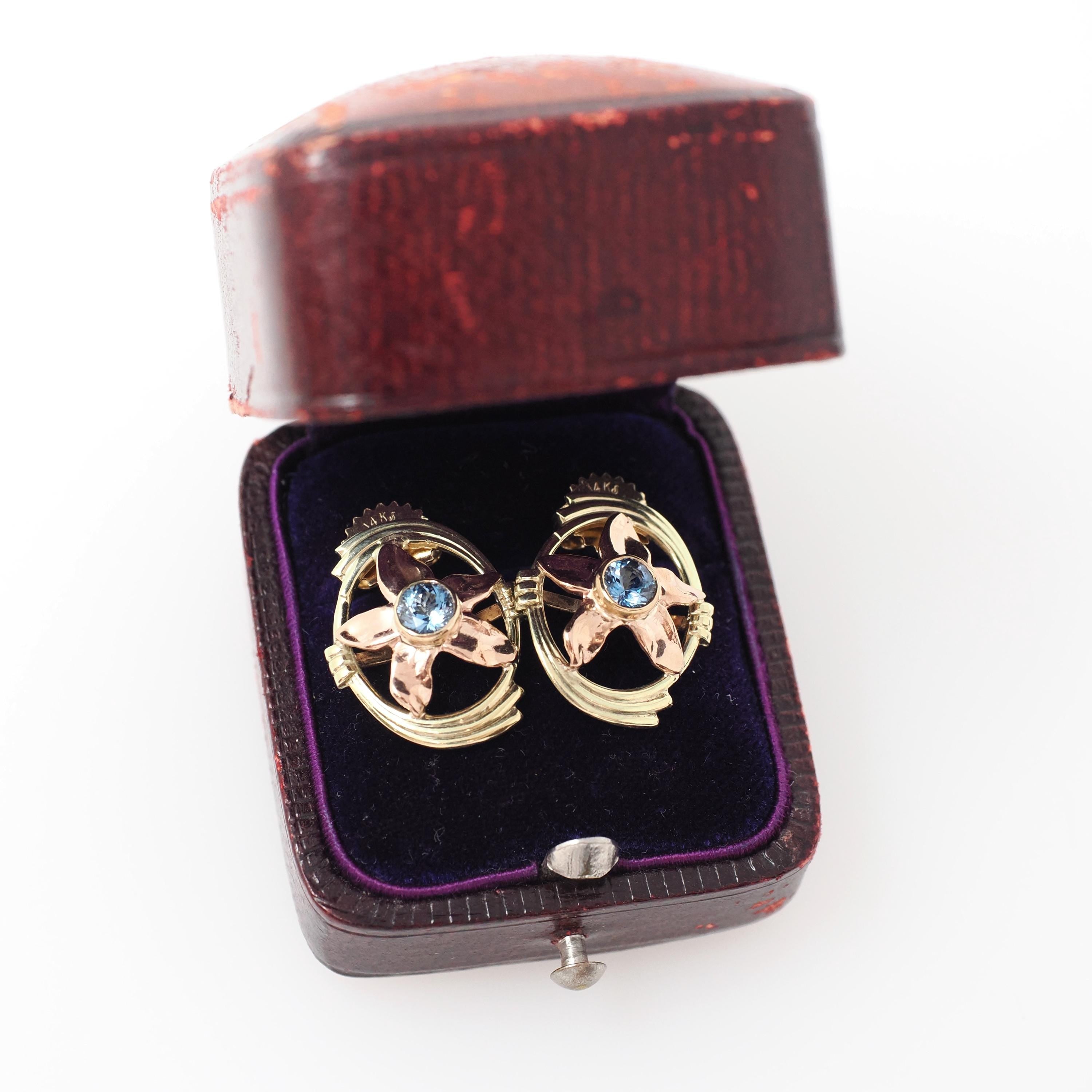 Vintage Aquamarine Earrings - Mid Century 14k Yellow & Rose Gold Flower Studs - Circa 1940s Pierced Push Back Floral Two Tone Fine Jewelry