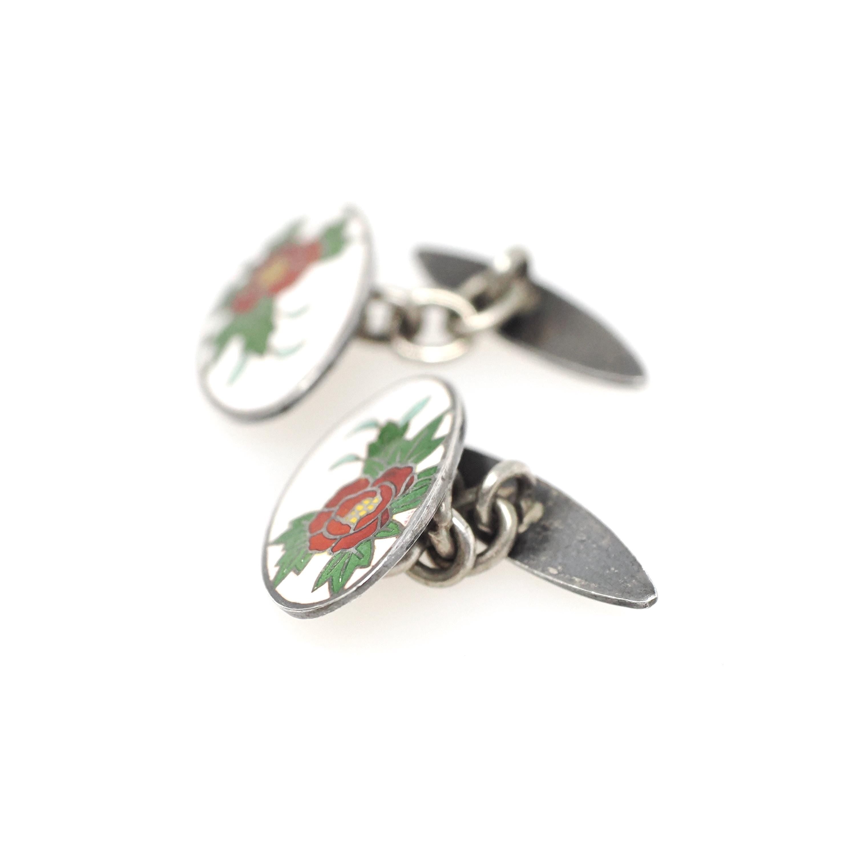 Art Deco Cufflinks - Vintage Silver White Red Green Flower Enamel Plate Design - Circa 1930s Men's Unisex Accessory Fine Floral 30s Jewelry
