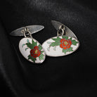 Art Deco Cufflinks - Vintage Silver White Red Green Flower Enamel Plate Design - Circa 1930s Men's Unisex Accessory Fine Floral 30s Jewelry