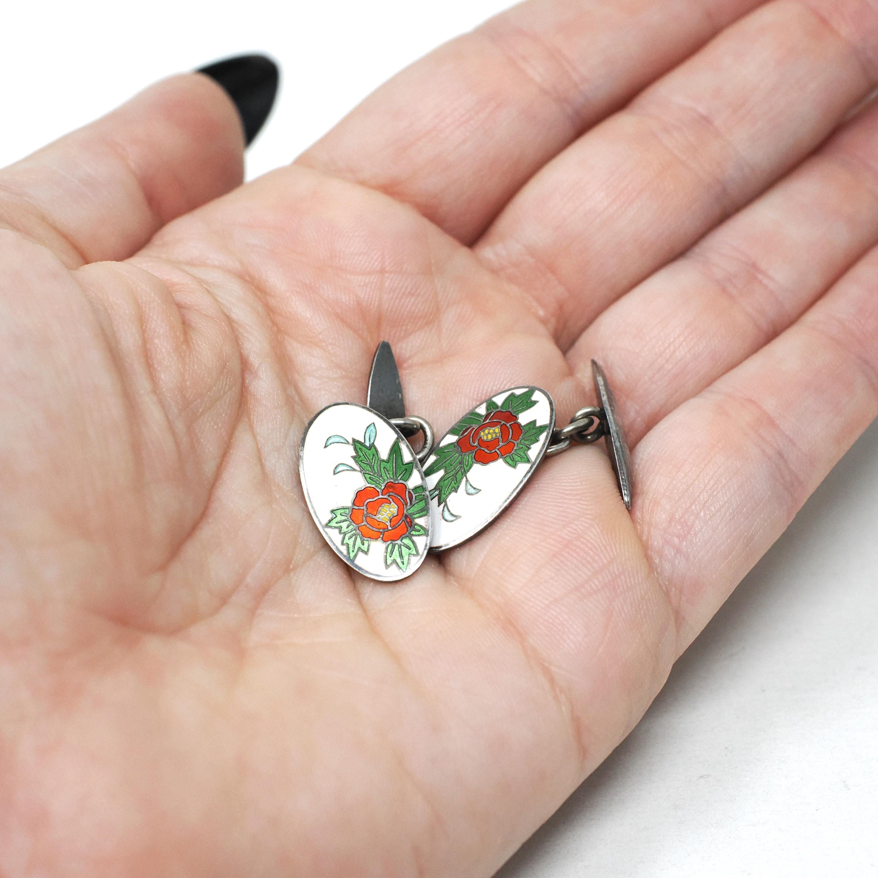 Art Deco Cufflinks - Vintage Silver White Red Green Flower Enamel Plate Design - Circa 1930s Men's Unisex Accessory Fine Floral 30s Jewelry