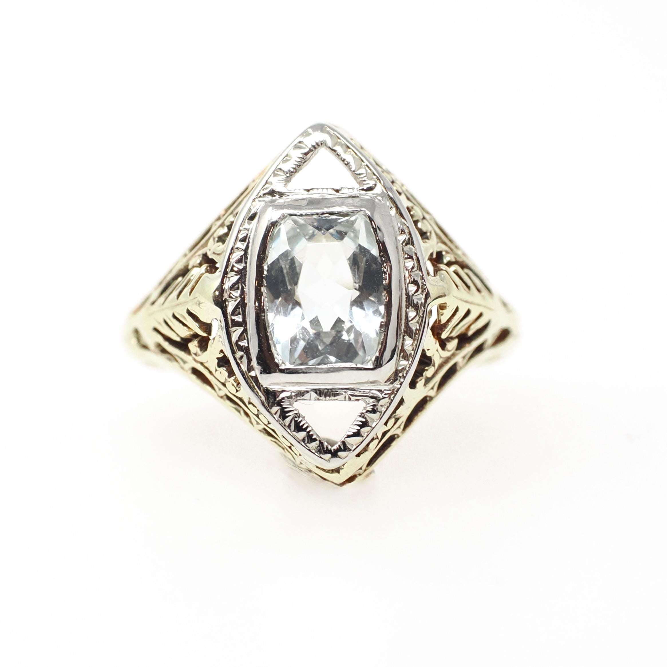 Vintage Aquamarine Ring - Art Deco Era 14k Yellow & White Gold Natural Light Blue Gemstone - Circa 1930s Size 6 Filigree Fine 30s Jewelry