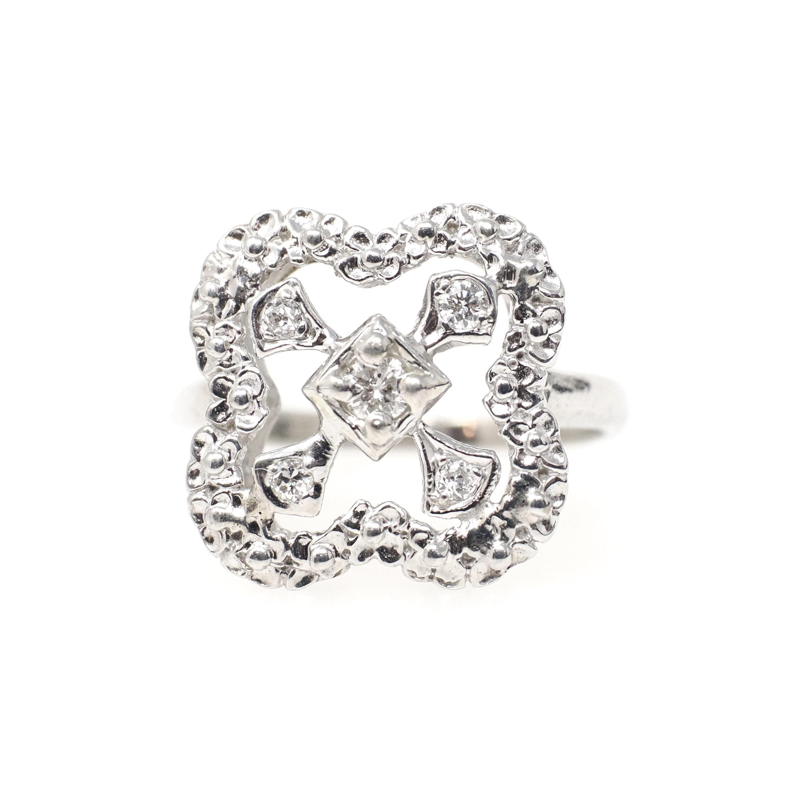 Vintage Shield Ring - Mid Century 14k White Gold .18 CTW Natural Diamonds - Circa 1950s Size 7 Fine Filigree Alhambra Clover Halo Jewelry