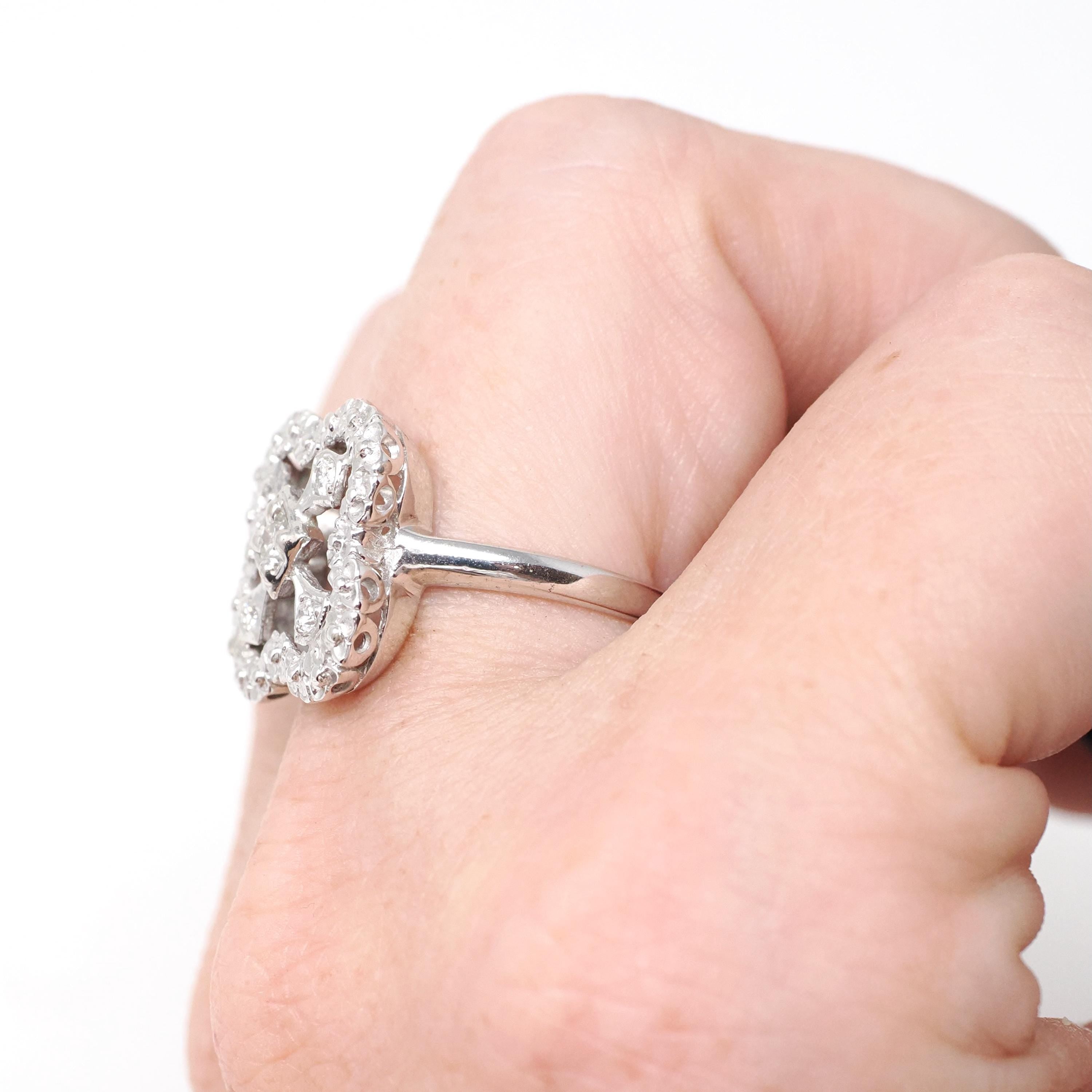 Vintage Shield Ring - Mid Century 14k White Gold .18 CTW Natural Diamonds - Circa 1950s Size 7 Fine Filigree Alhambra Clover Halo Jewelry