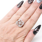 Vintage Shield Ring - Mid Century 14k White Gold .18 CTW Natural Diamonds - Circa 1950s Size 7 Fine Filigree Alhambra Clover Halo Jewelry