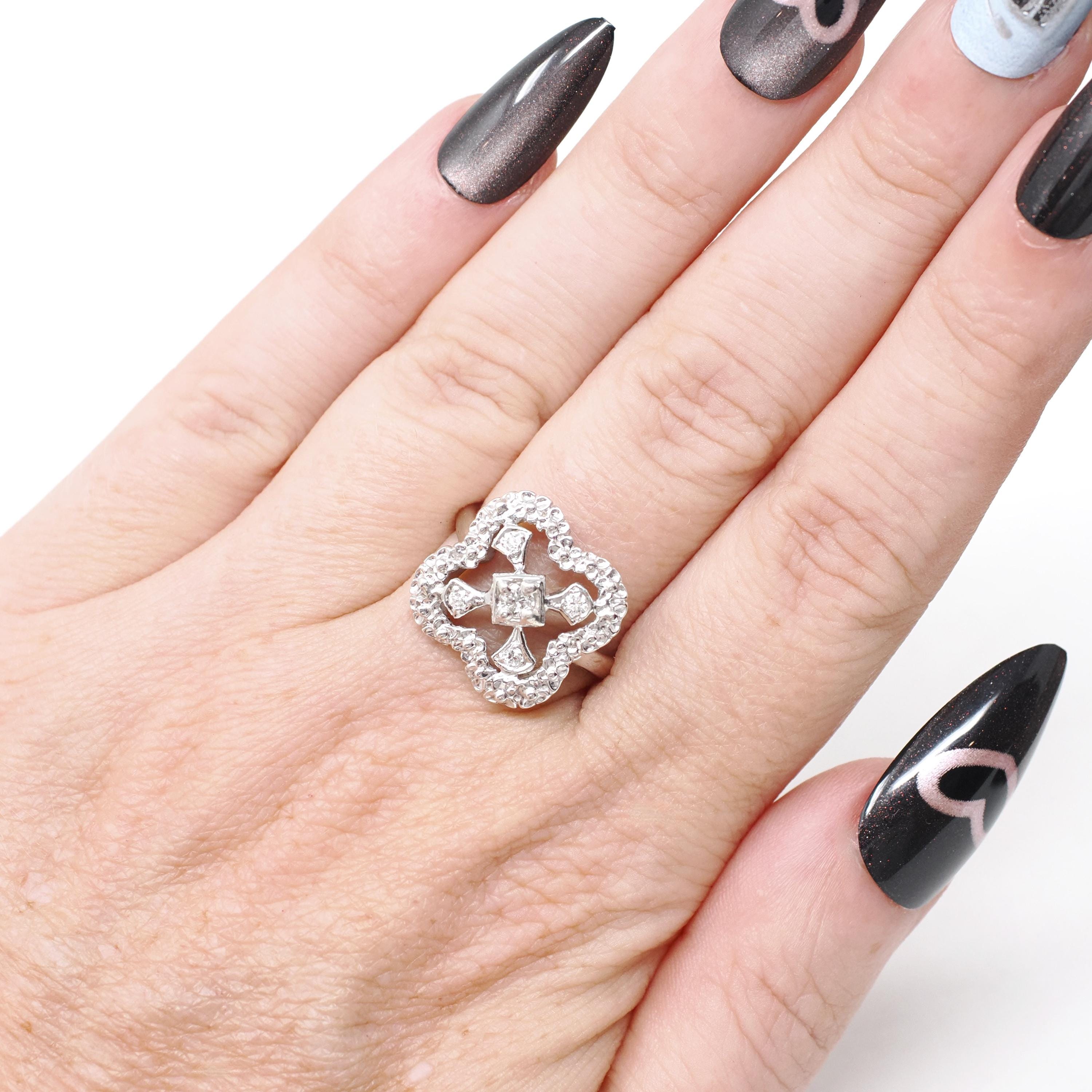 Vintage Shield Ring - Mid Century 14k White Gold .18 CTW Natural Diamonds - Circa 1950s Size 7 Fine Filigree Alhambra Clover Halo Jewelry
