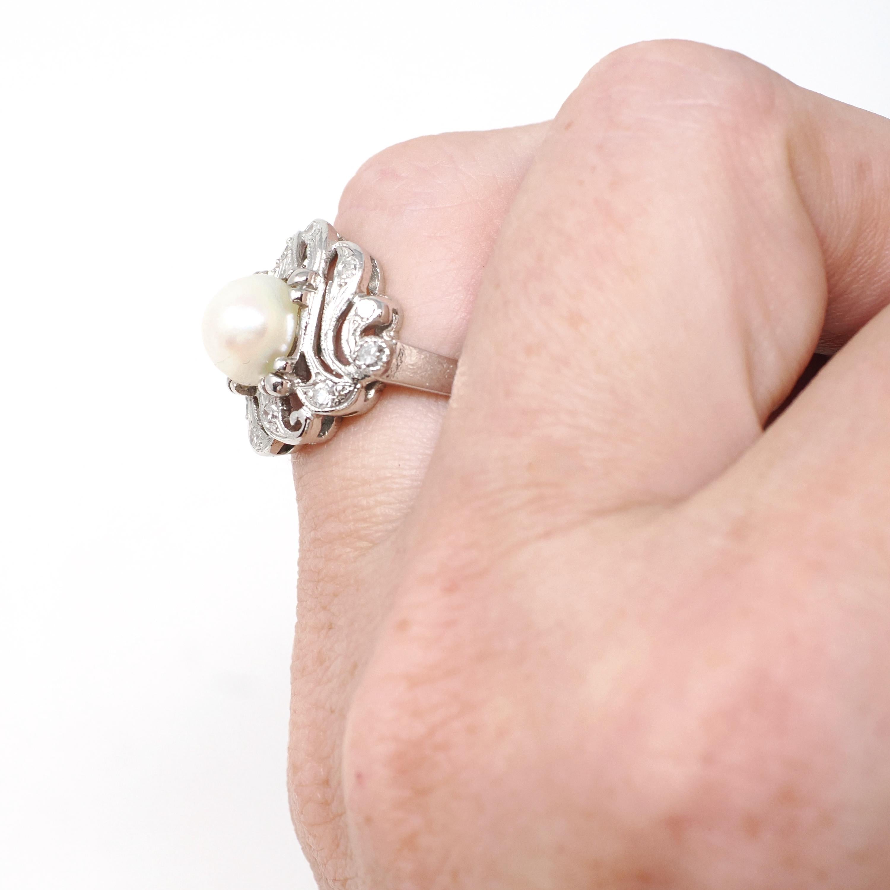 Art Deco Pearl Ring - Antique Platinum Organic 7.5 MM Cultured Gem - Circa 1920s Size 5 Fine .24 CTW Diamond Accent June Birthstone Jewelry