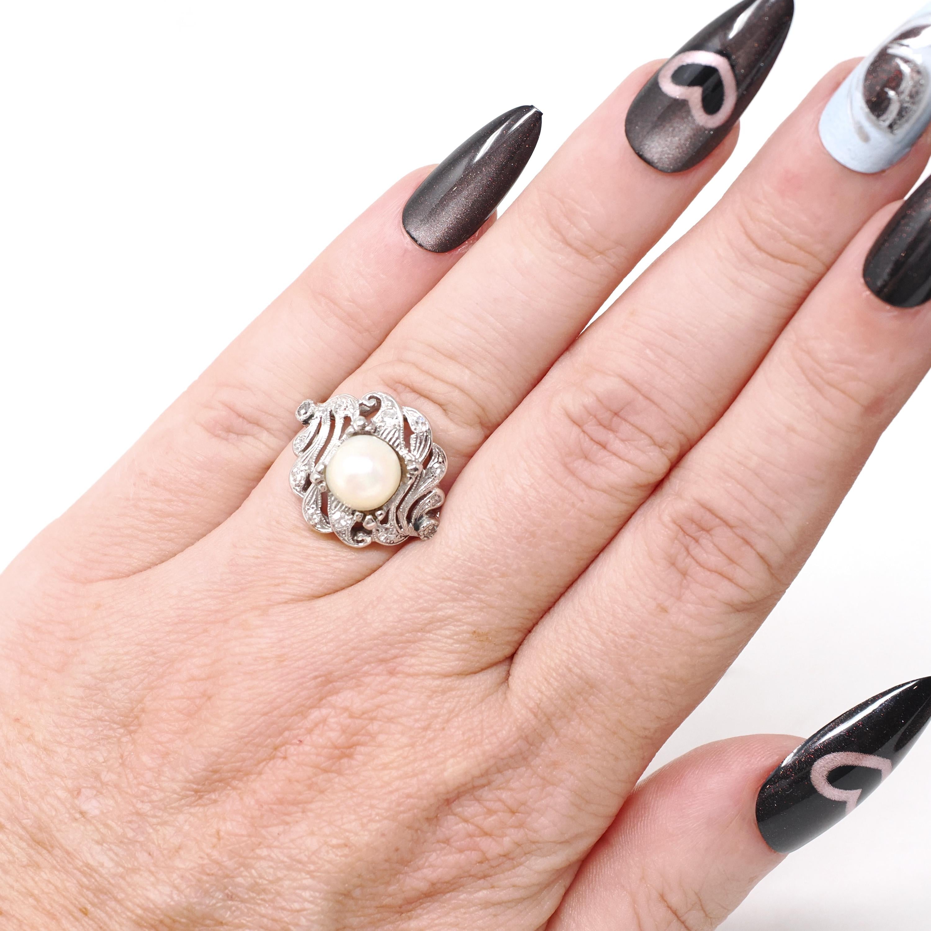 Art Deco Pearl Ring - Antique Platinum Organic 7.5 MM Cultured Gem - Circa 1920s Size 5 Fine .24 CTW Diamond Accent June Birthstone Jewelry