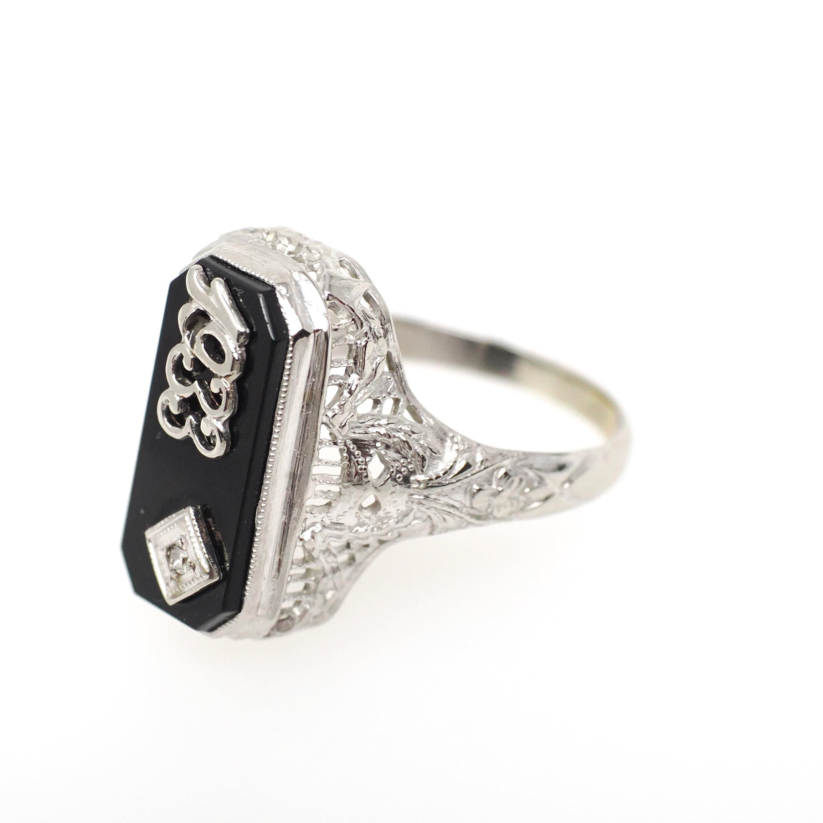 Vintage Onyx Ring - Art Deco 10k White Gold Black Chalcedony Gem & Diamond Accent 1933 Class Ring - Circa 1930s Size 5 3/4 Fine Jewelry