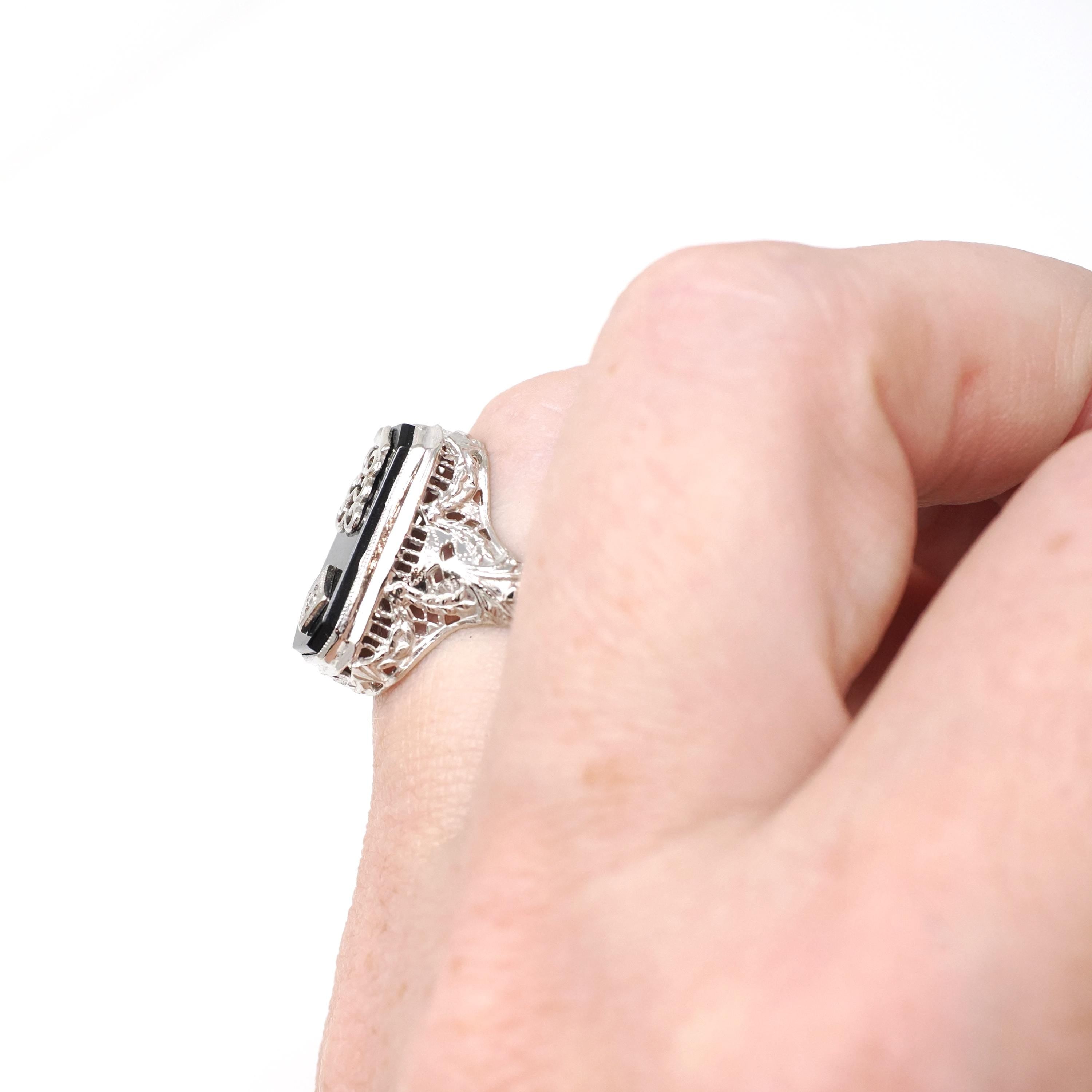 Vintage Onyx Ring - Art Deco 10k White Gold Black Chalcedony Gem & Diamond Accent 1933 Class Ring - Circa 1930s Size 5 3/4 Fine Jewelry