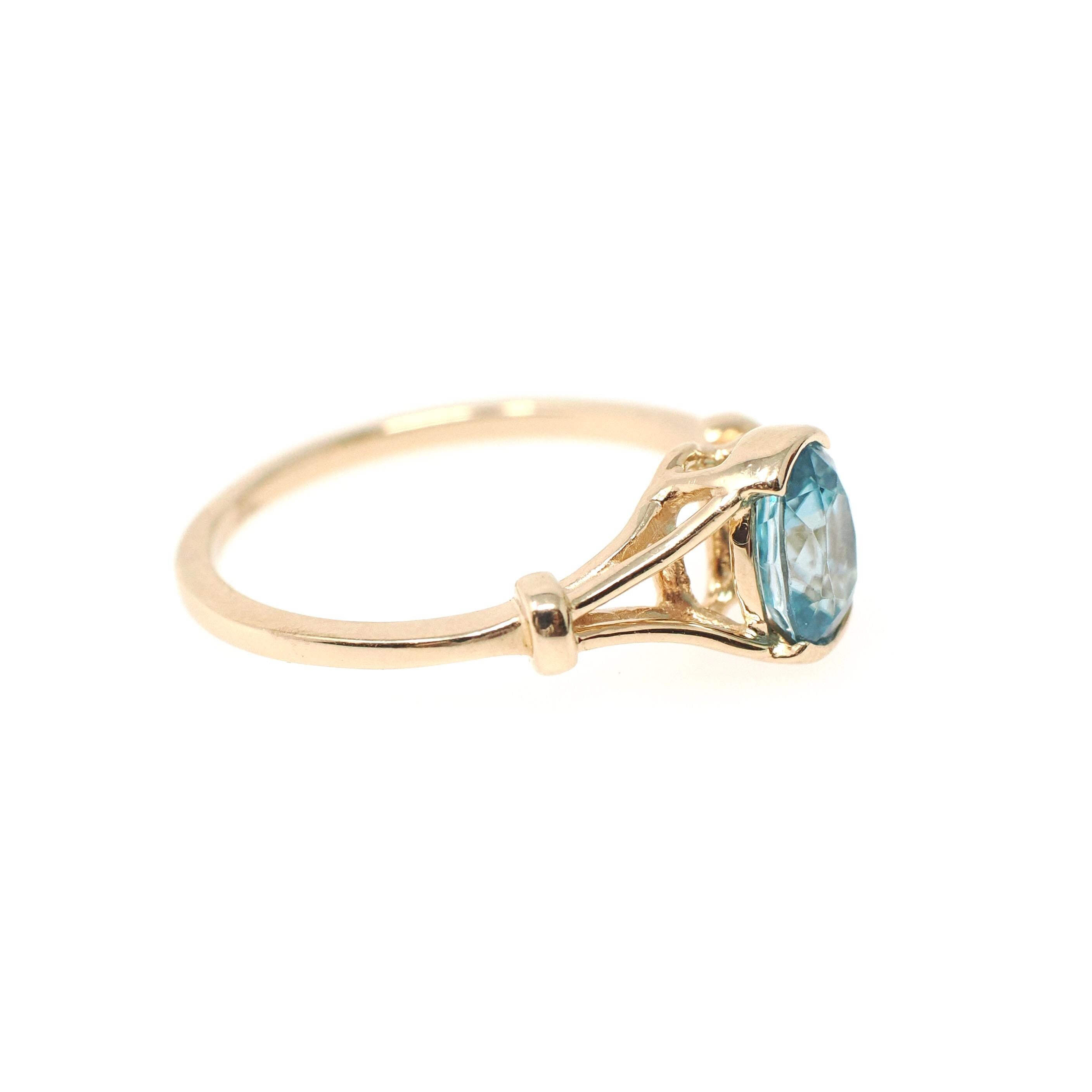 Blue Zircon Ring - Modern 14k Yellow Gold Oval 1.25 CT Gemstone Solitaire - Estate Circa 2000s Size 7 1/2 December Birthstone Fine Jewelry