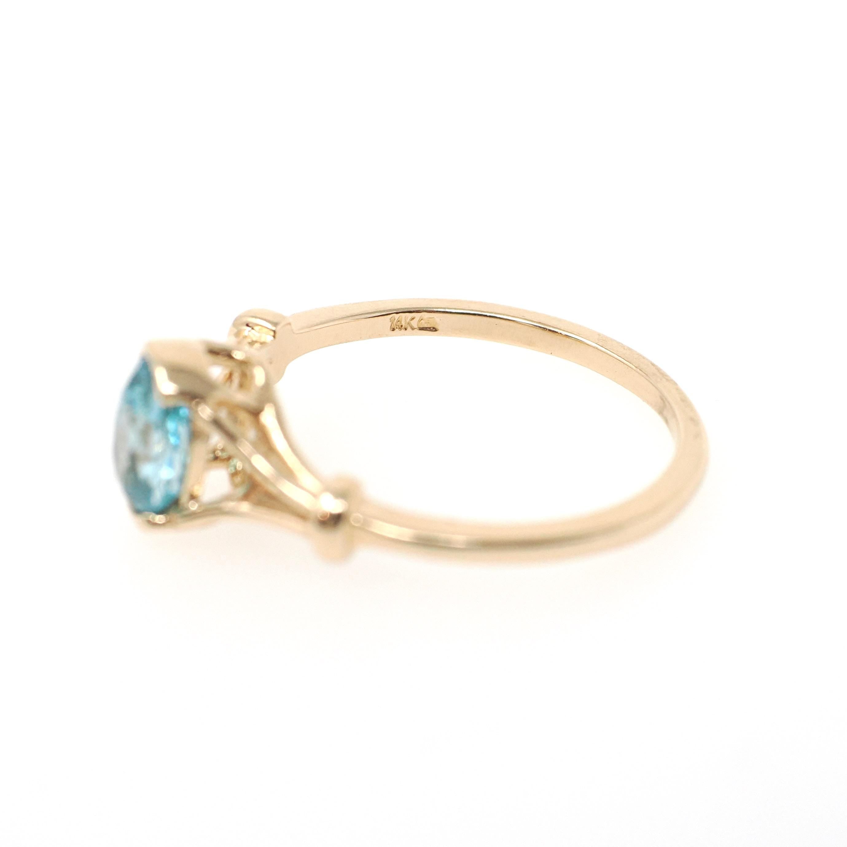 Blue Zircon Ring - Modern 14k Yellow Gold Oval 1.25 CT Gemstone Solitaire - Estate Circa 2000s Size 7 1/2 December Birthstone Fine Jewelry