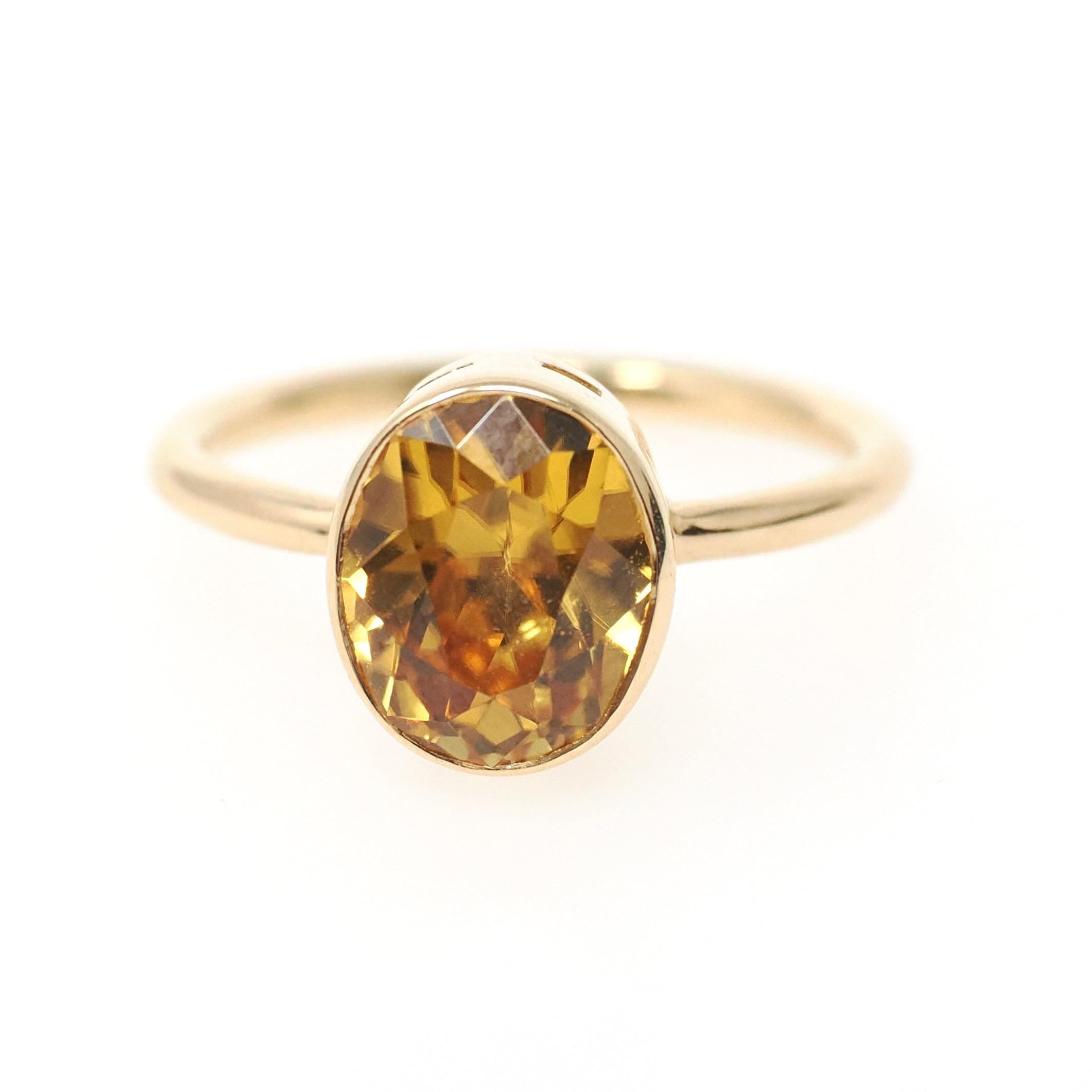 Modern Zircon Ring - 18k Yellow Gold Bezel Set Natural 4.97 CT Oval Orange Gemstone Solitaire - Circa 2000s Size 6.25 Statement Fine Jewelry