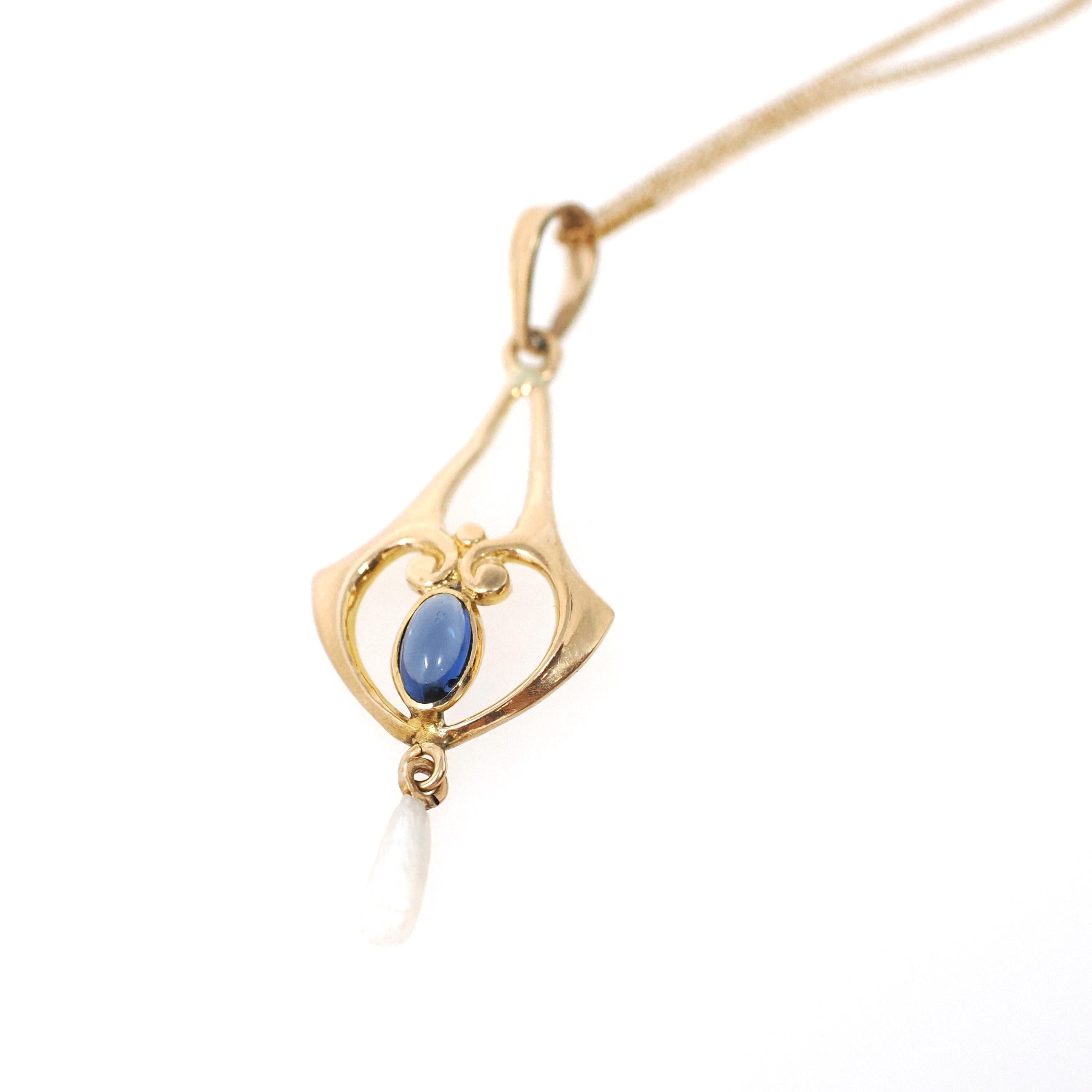 Antique Lavalier Necklace - Edwardian 10k Yellow Gold Baroque Pearl Pendant - Circa 1910s Era Simulated Blue Sapphire Glass Fine Jewelry