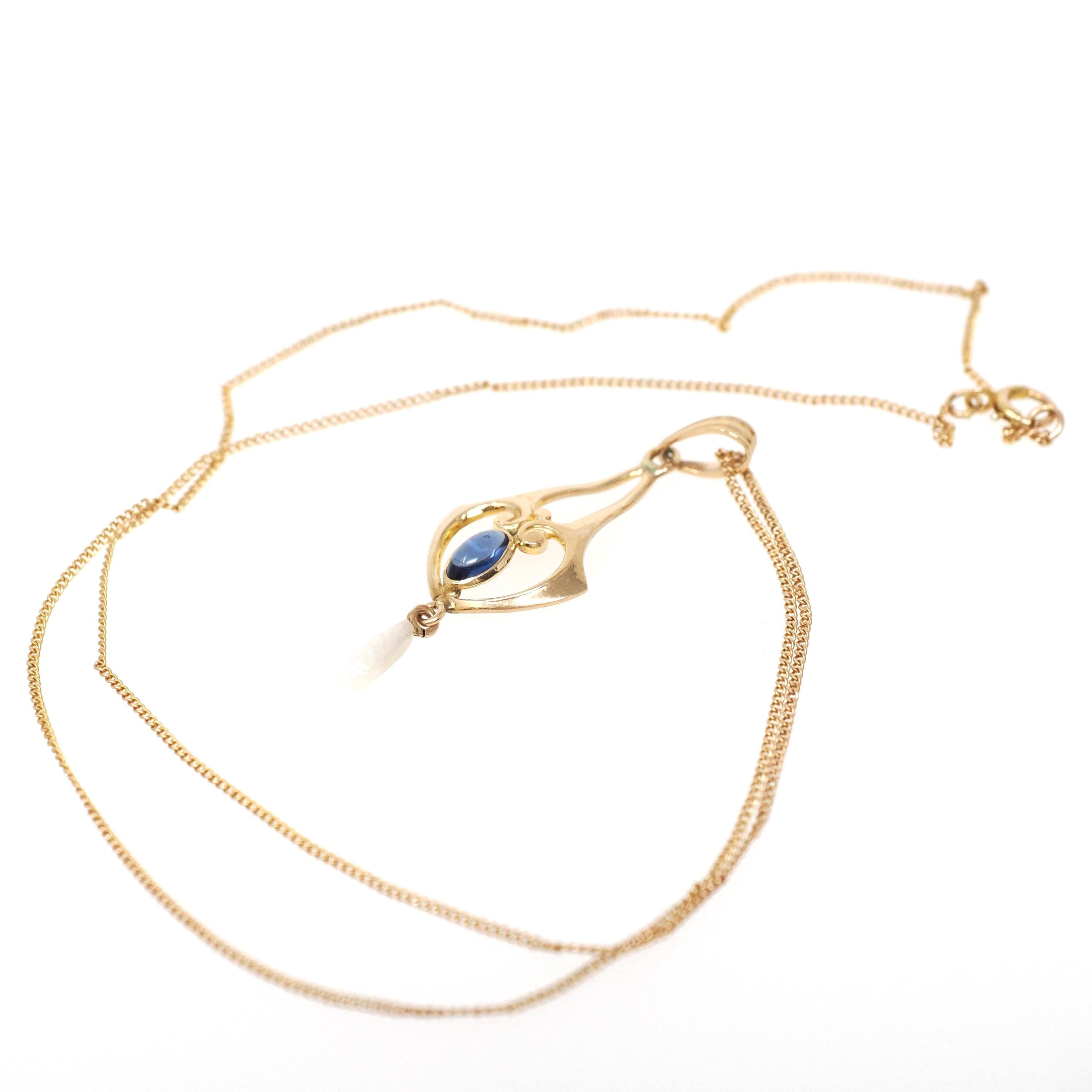 Antique Lavalier Necklace - Edwardian 10k Yellow Gold Baroque Pearl Pendant - Circa 1910s Era Simulated Blue Sapphire Glass Fine Jewelry