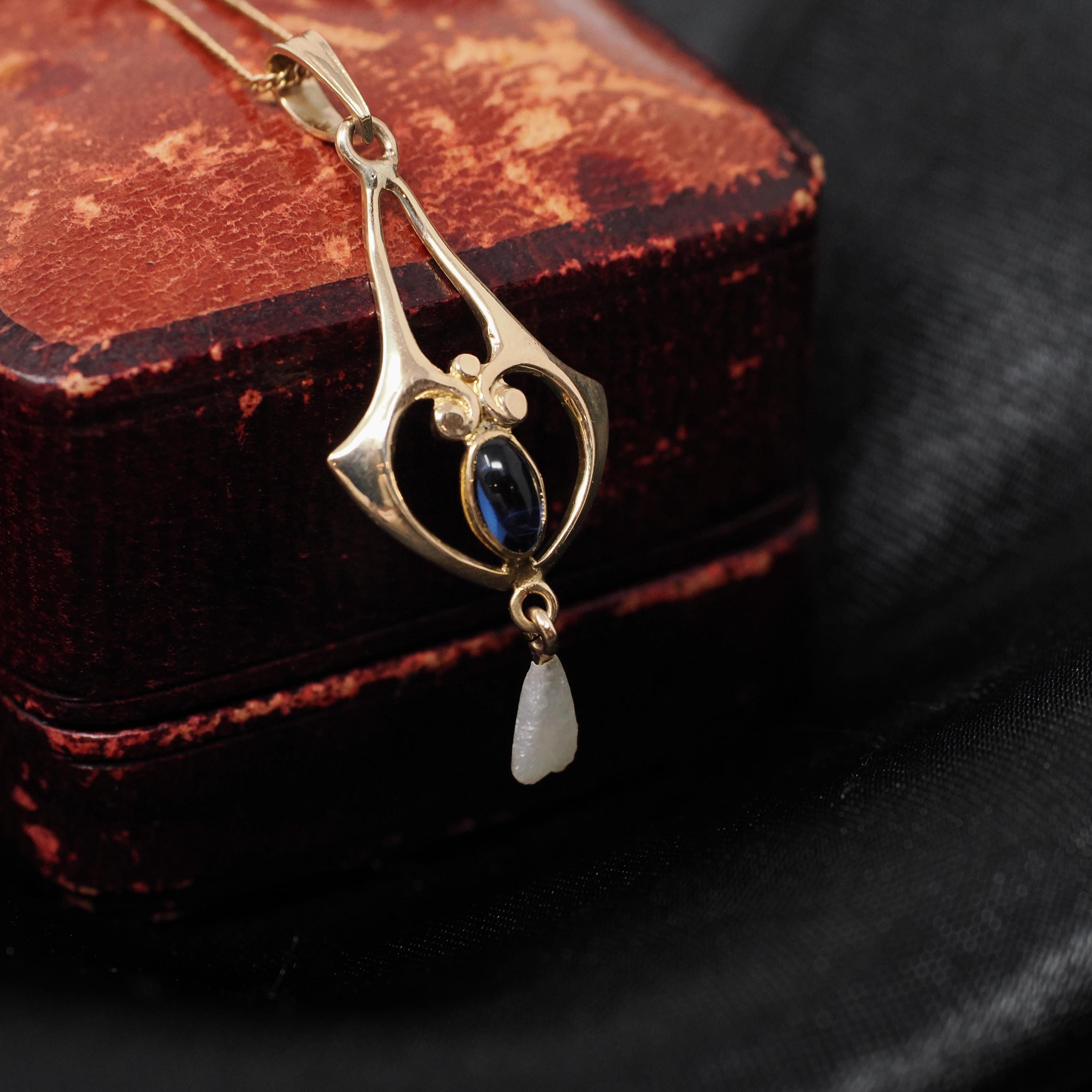 Antique Lavalier Necklace - Edwardian 10k Yellow Gold Baroque Pearl Pendant - Circa 1910s Era Simulated Blue Sapphire Glass Fine Jewelry