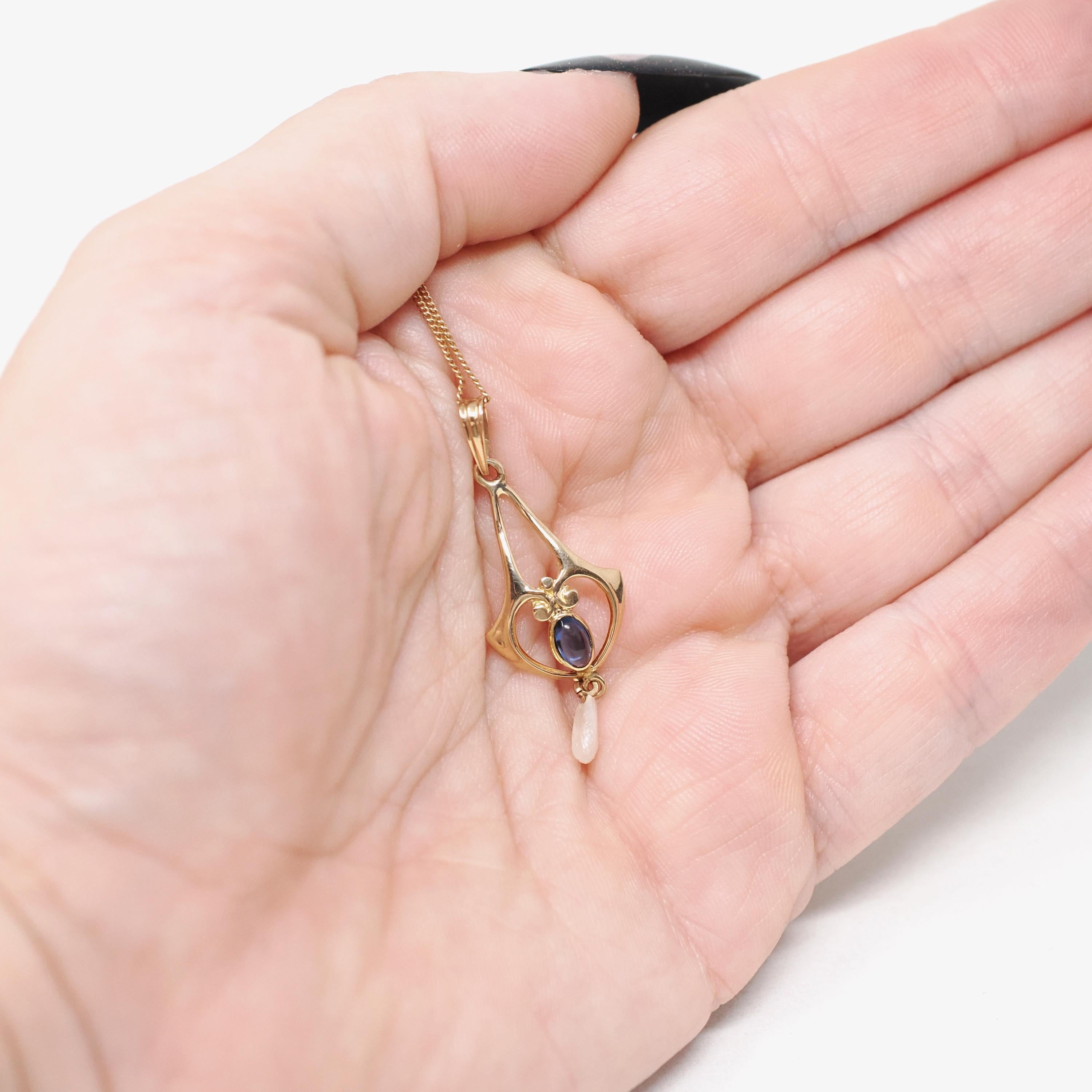 Antique Lavalier Necklace - Edwardian 10k Yellow Gold Baroque Pearl Pendant - Circa 1910s Era Simulated Blue Sapphire Glass Fine Jewelry