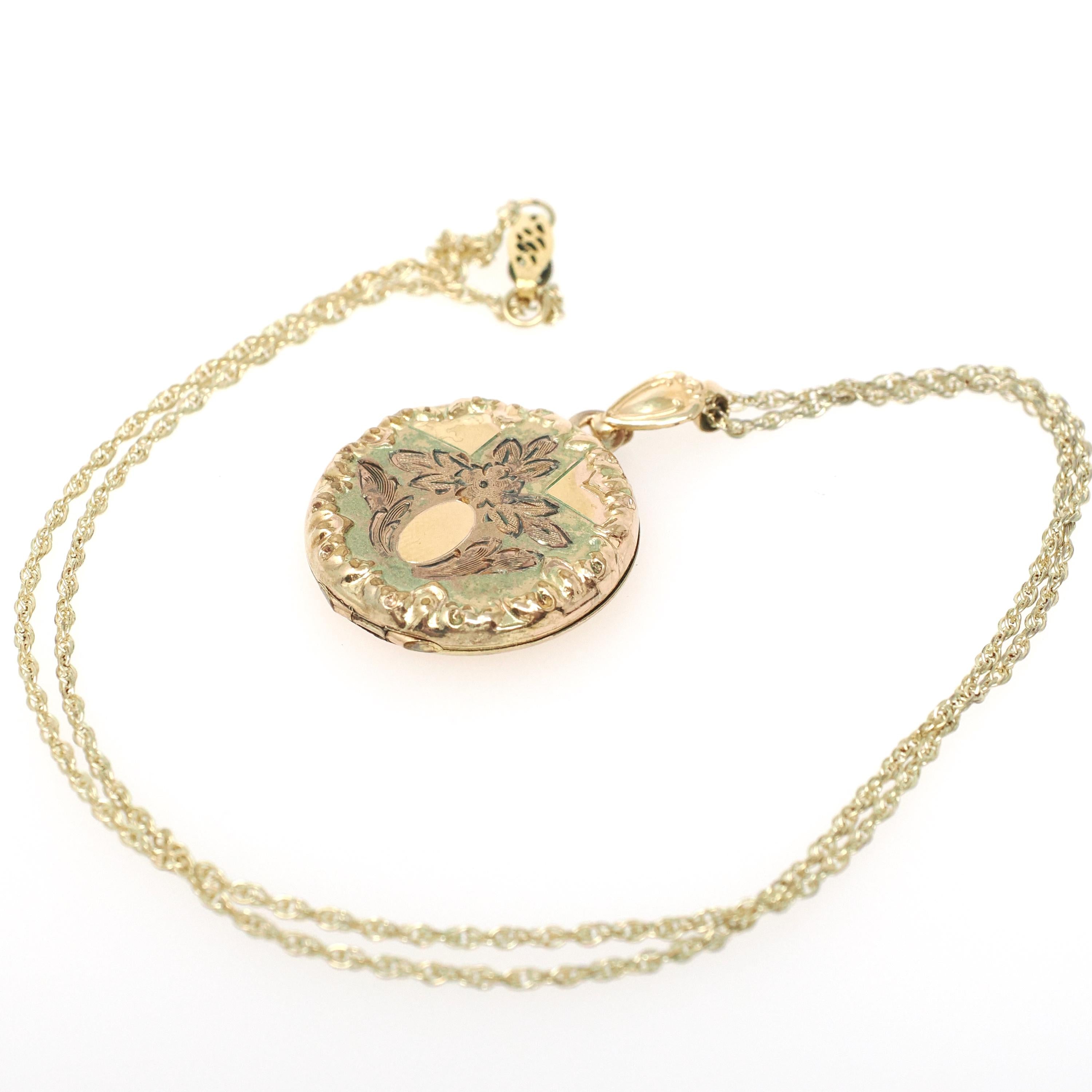 Vintage Flower Locket - Retro Gold Filled Floral Flowers Designs Round Necklace - Circa 1940s Era Statement Keepsake Photograph 40s Jewelry