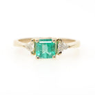Emerald & Diamond Engagement Ring - Estate 14k Yellow Gold Three Stone Trillion Accent - Modern 2000s Era Size 8 May Birthstone Fine Jewelry