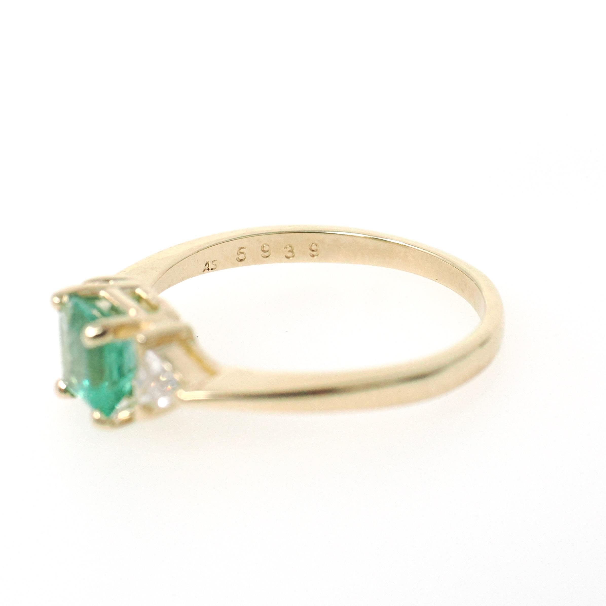 Emerald & Diamond Engagement Ring - Estate 14k Yellow Gold Three Stone Trillion Accent - Modern 2000s Era Size 8 May Birthstone Fine Jewelry