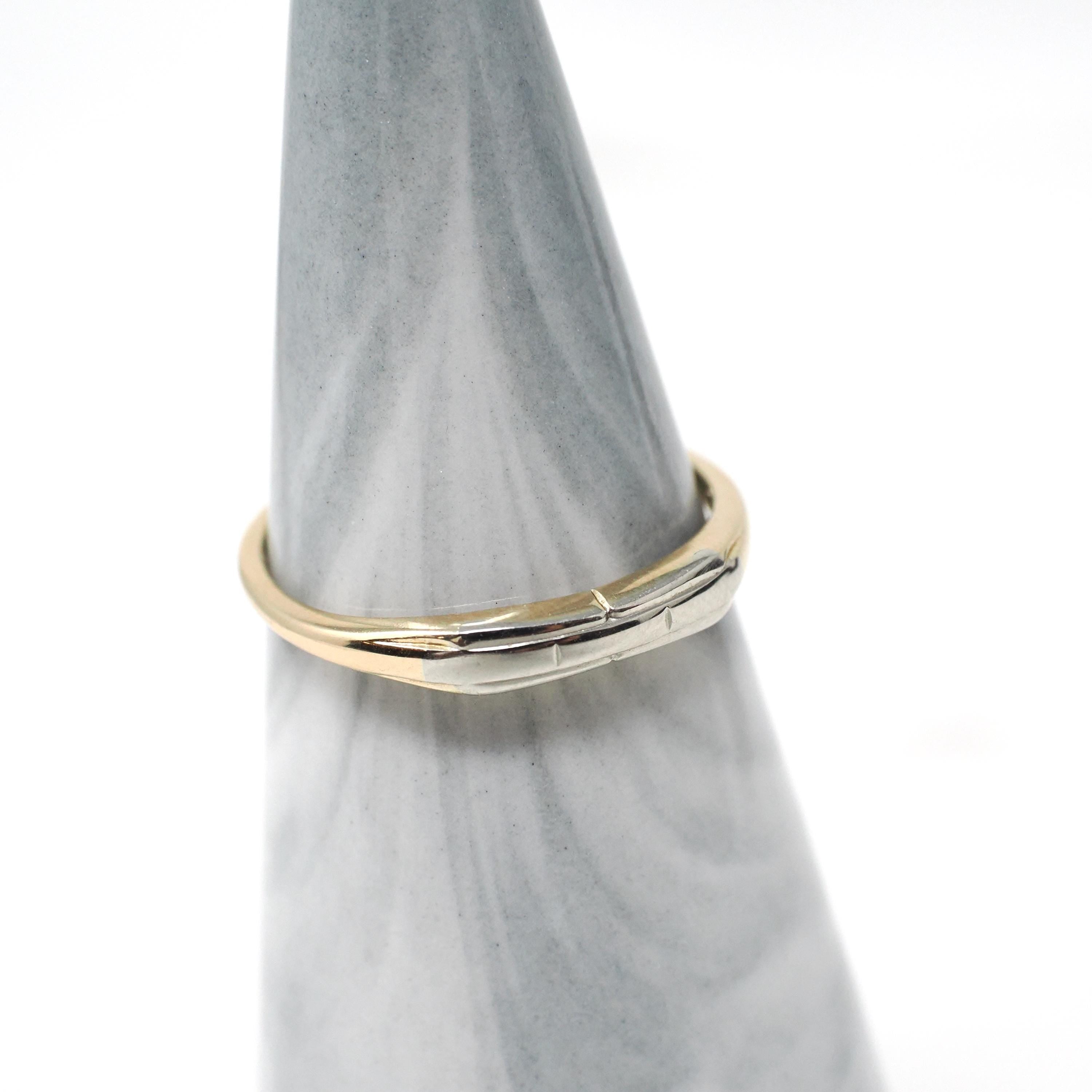 Vintage Two Tone Ring - Mid Century 14k Yellow & White Gold Unadorned Wedding Band - Circa 1950s Era Size 6 1/2 Stacking Fine Bridal Jewelry