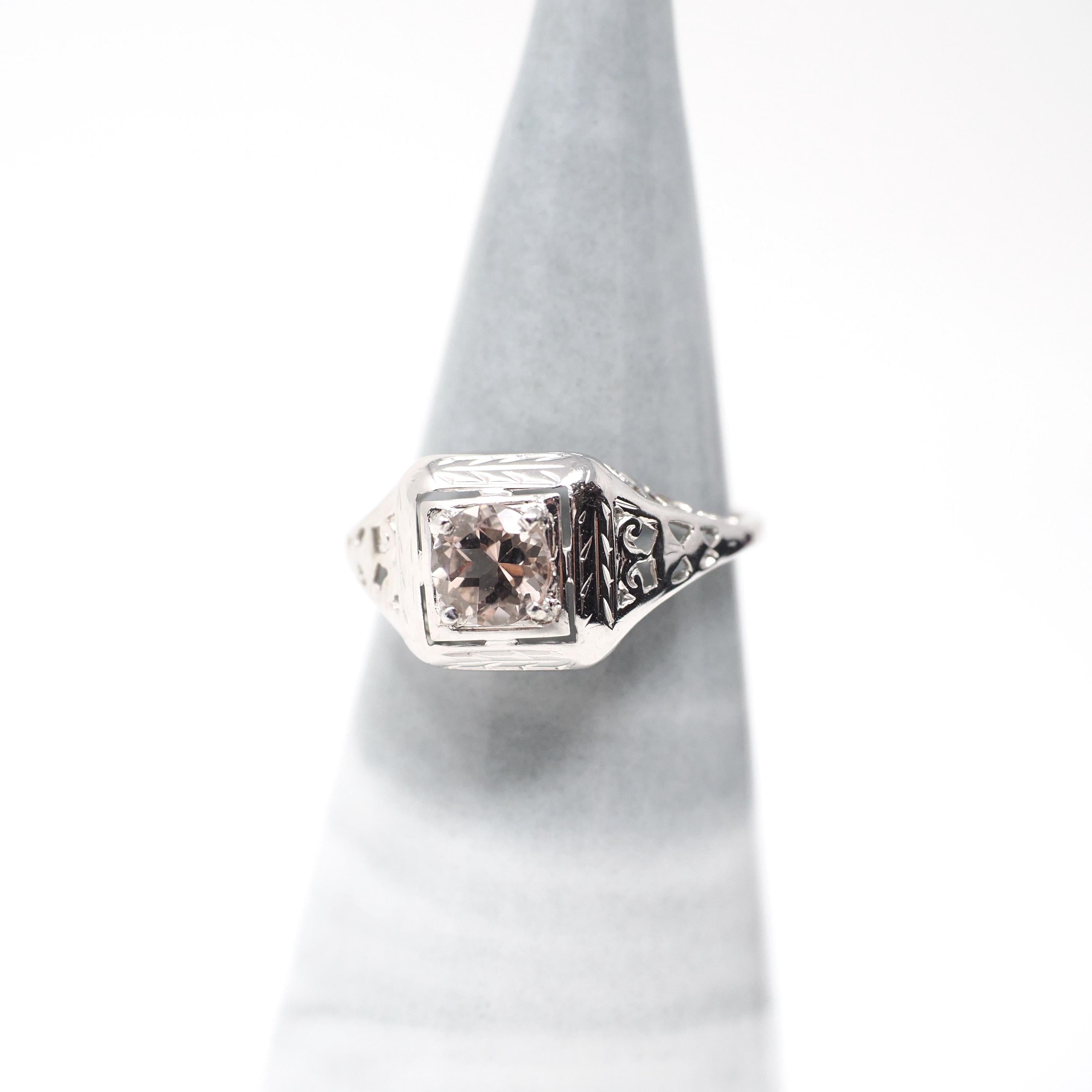 Morganite Engagement Ring - Art Deco 14k White Gold .47 CT Natural Beryl Pink Gemstone - Vintage Circa 1930 Size 5 1/2 Filigree Fine Jewelry